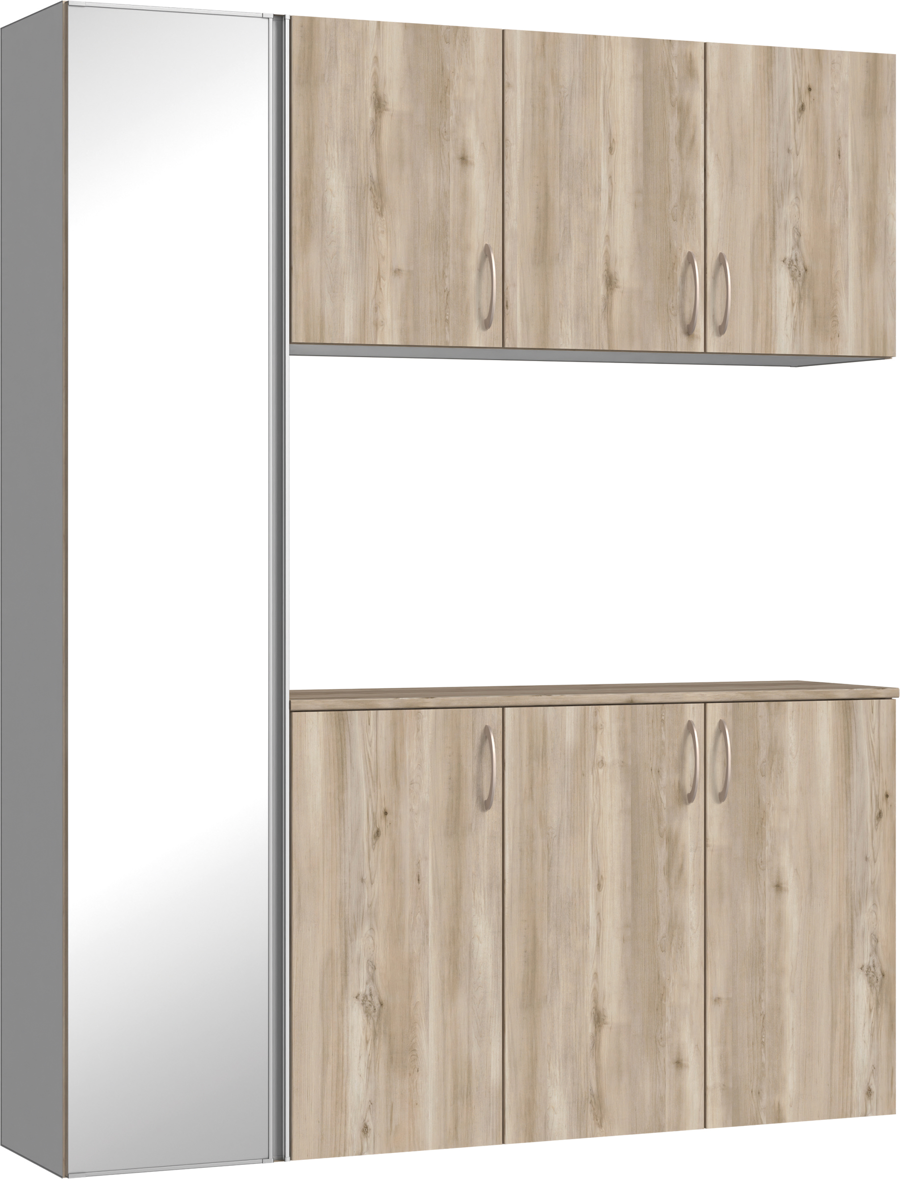 玄関収納　イエリア　開き戸ユニット　フラット　Ｓ８１　コの字ＰＬＡＮ　シューズ収納　ミラー扉　１６００幅　〈スモークグレー柄〉　ハンドルラウンド型〈Ｔシルバー色〉