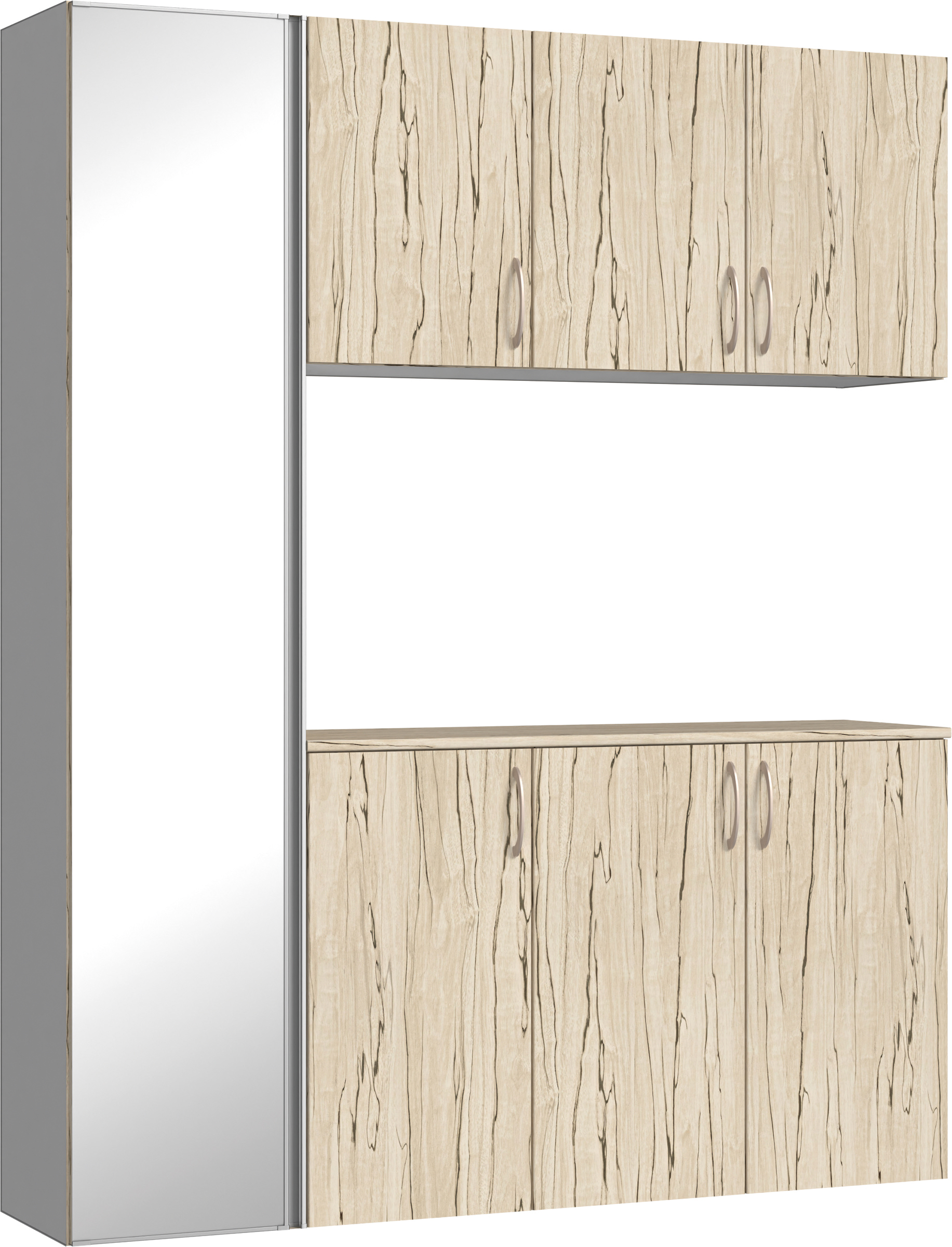 玄関収納　イエリア　開き戸ユニット　フラット　Ｓ８１　コの字ＰＬＡＮ　シューズ収納　ミラー扉　１６００幅　〈スロウベージュ柄〉　ハンドルラウンド型〈Ｔシルバー色〉