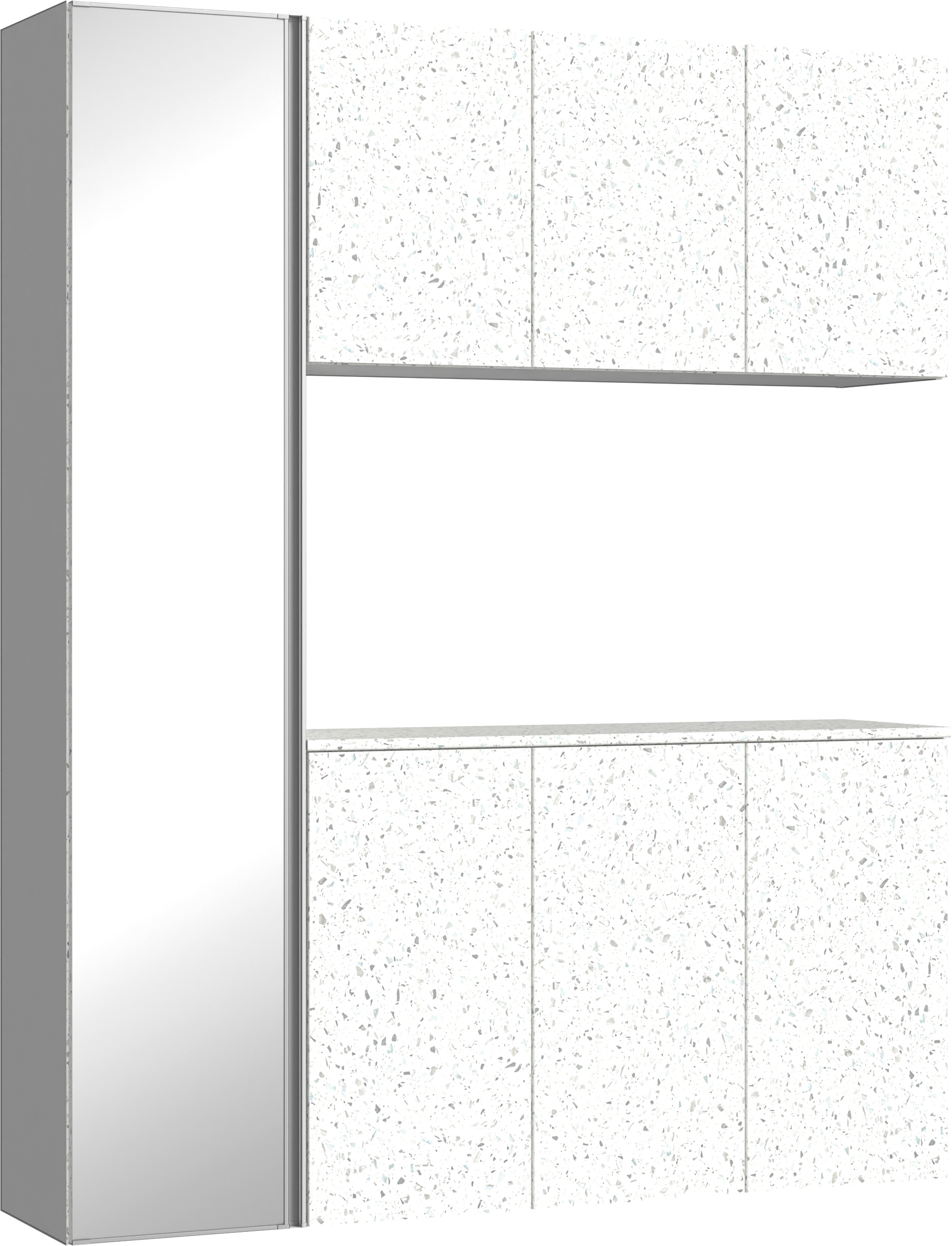 玄関収納　イエリア　開き戸ユニット　フラット　Ｓ８１　コの字ＰＬＡＮ　シューズ収納　ミラー扉　１６００幅　〈テラゾホワイト柄〉　ハンドルレス