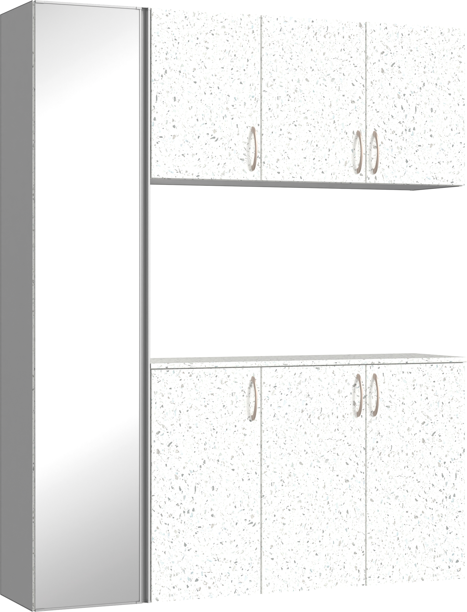 玄関収納　イエリア　開き戸ユニット　フラット　Ｓ８１　コの字ＰＬＡＮ　シューズ収納　ミラー扉　１６００幅　〈テラゾホワイト柄〉　ハンドルラウンド型〈Ｔシルバー色〉