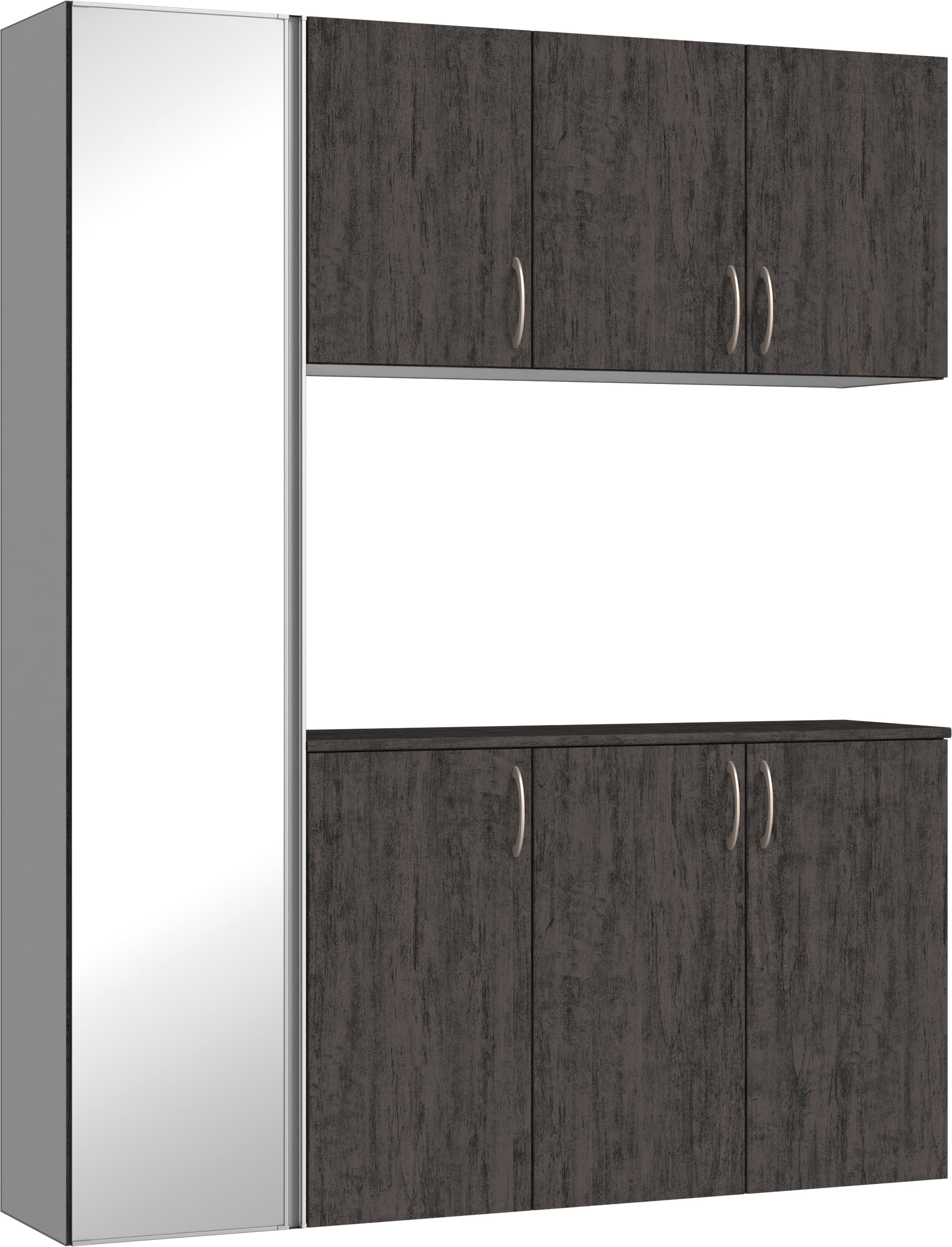 玄関収納　イエリア　開き戸ユニット　フラット　Ｓ８１　コの字ＰＬＡＮ　シューズ収納　ミラー扉　１６００幅　〈ドライブラック柄〉　ハンドルラウンド型〈Ｔシルバー色〉