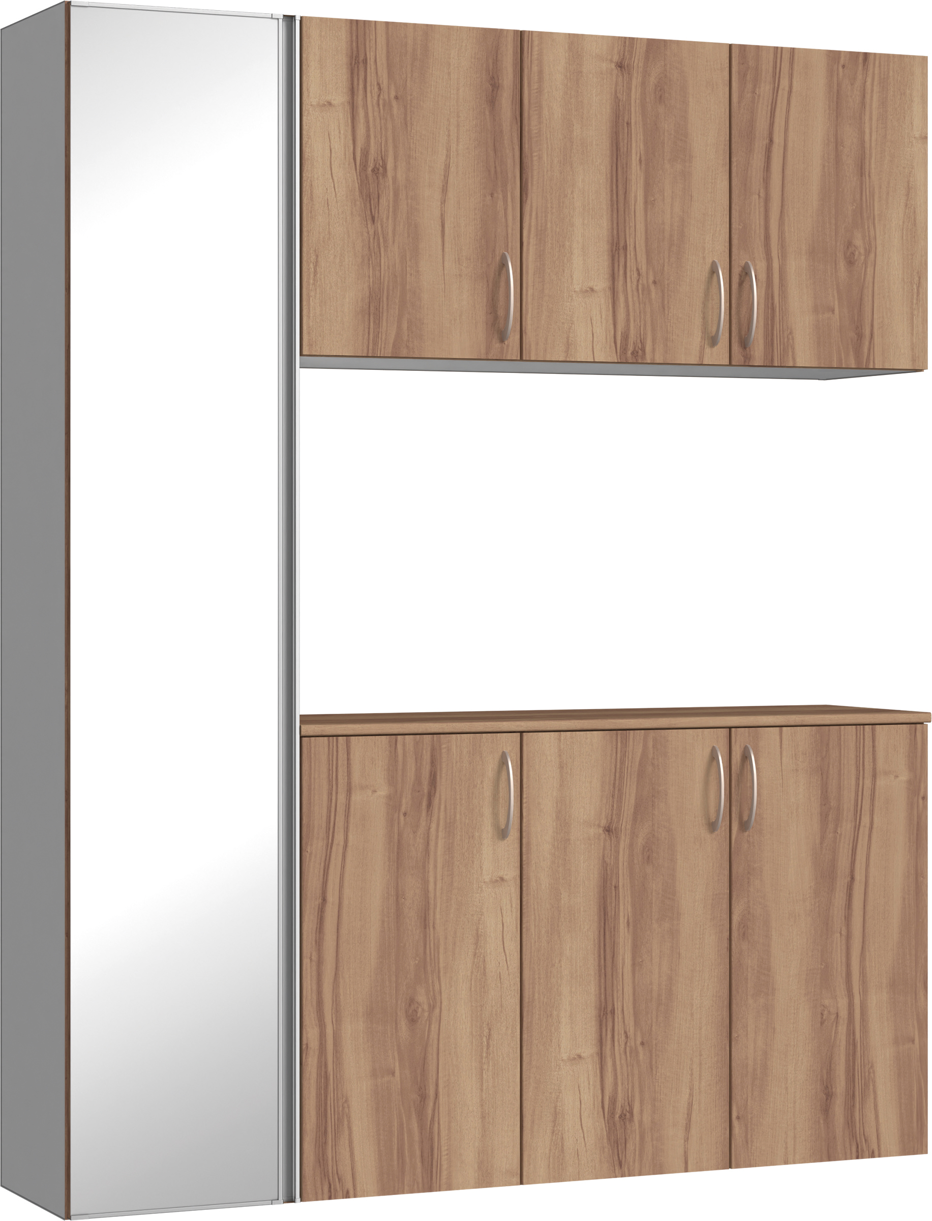 玄関収納　イエリア　開き戸ユニット　フラット　Ｓ８１　コの字ＰＬＡＮ　シューズ収納　ミラー扉　１６００幅　〈バームブラウン柄〉　ハンドルラウンド型〈Ｔシルバー色〉
