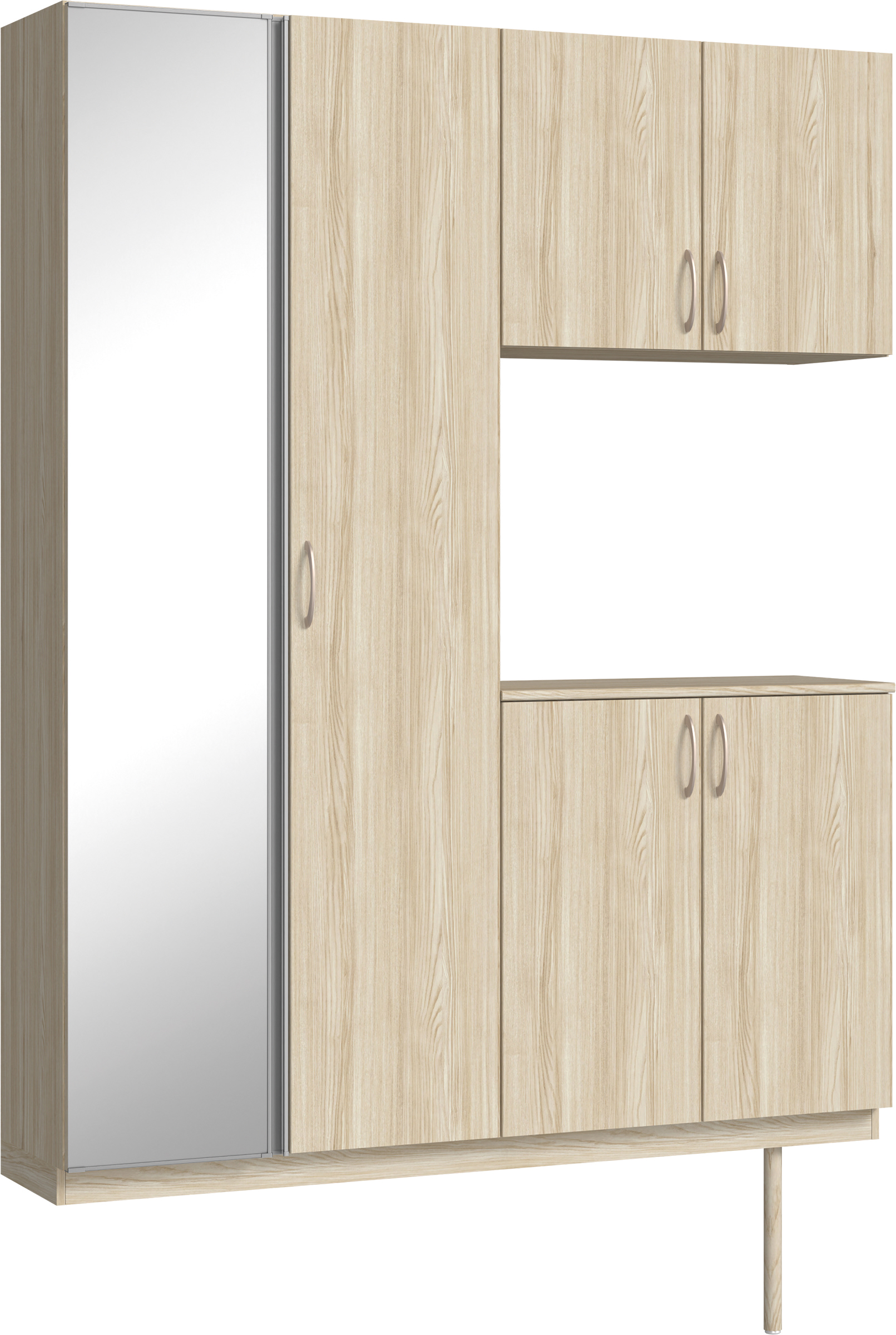 玄関収納　イエリア　開き戸ユニット　フラット縦木目　Ｓ０２　コの字ＰＬＡＮ　シューズ収納　ミラー扉　１６００幅　〈ソフトグレージュ柄〉　ハンドルラウンド型〈Ｔシルバー色〉