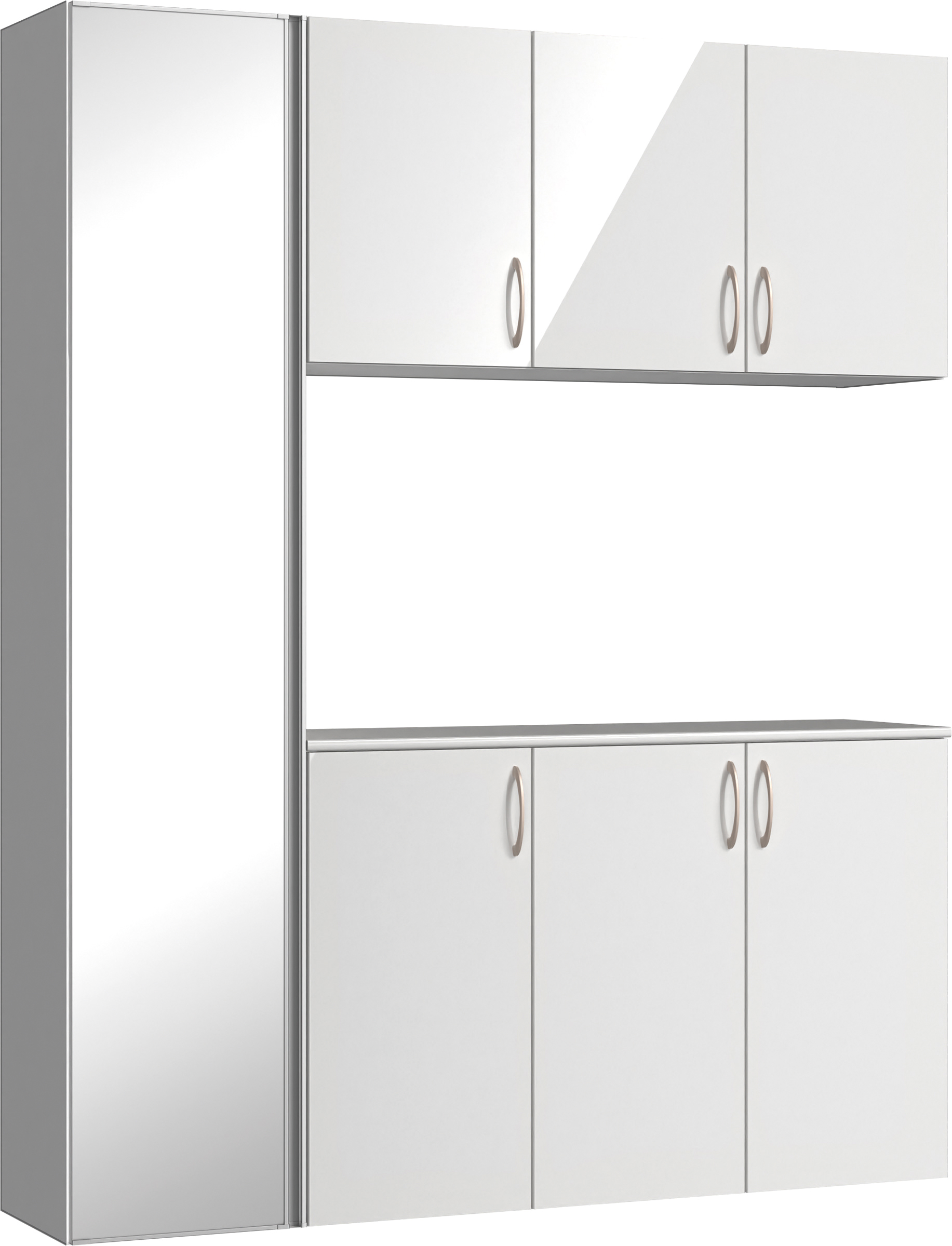 玄関収納　イエリア　開き戸ユニット　フラット　Ｓ８１　コの字ＰＬＡＮ　シューズ収納　ミラー扉　１６００幅　〈ルミホワイト柄〉　ハンドルラウンド型〈Ｔシルバー色〉