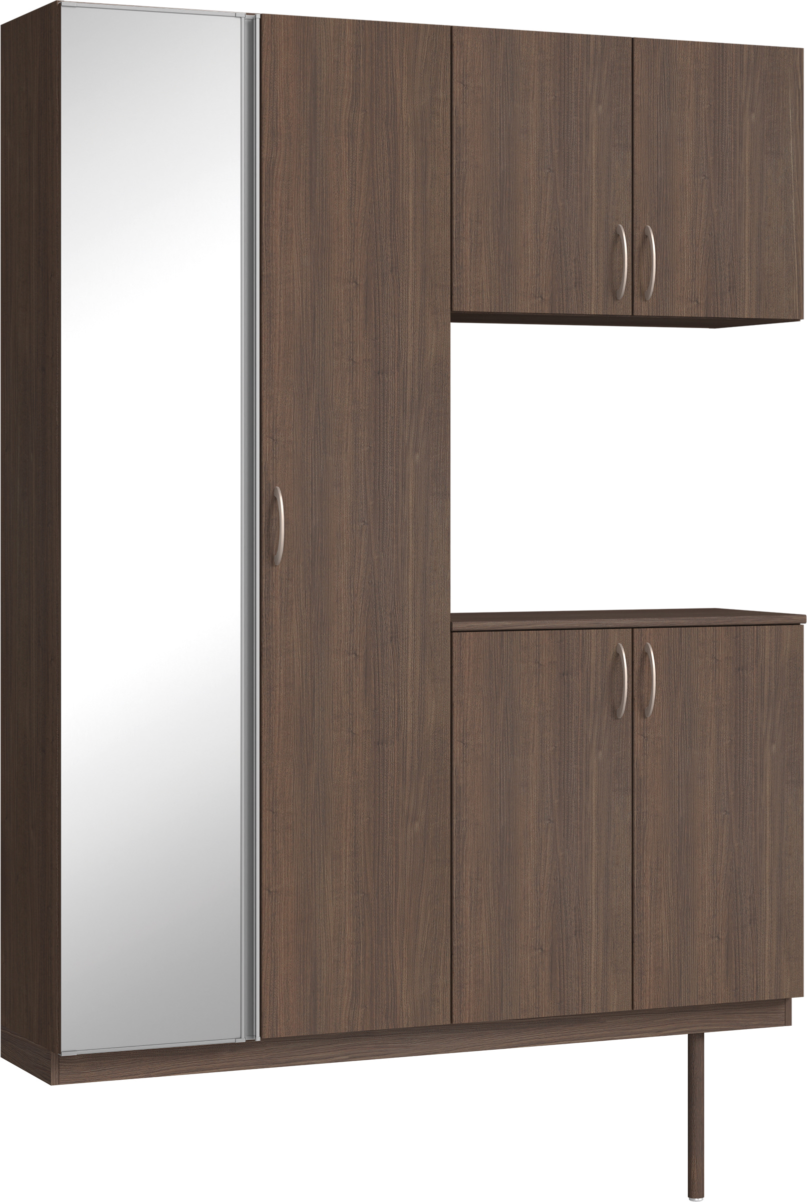 玄関収納　イエリア　開き戸ユニット　フラット縦木目　Ｓ０２　コの字ＰＬＡＮ　シューズ収納　ミラー扉　１６００幅　〈ダルブラウン柄〉　ハンドルラウンド型〈Ｔシルバー色〉