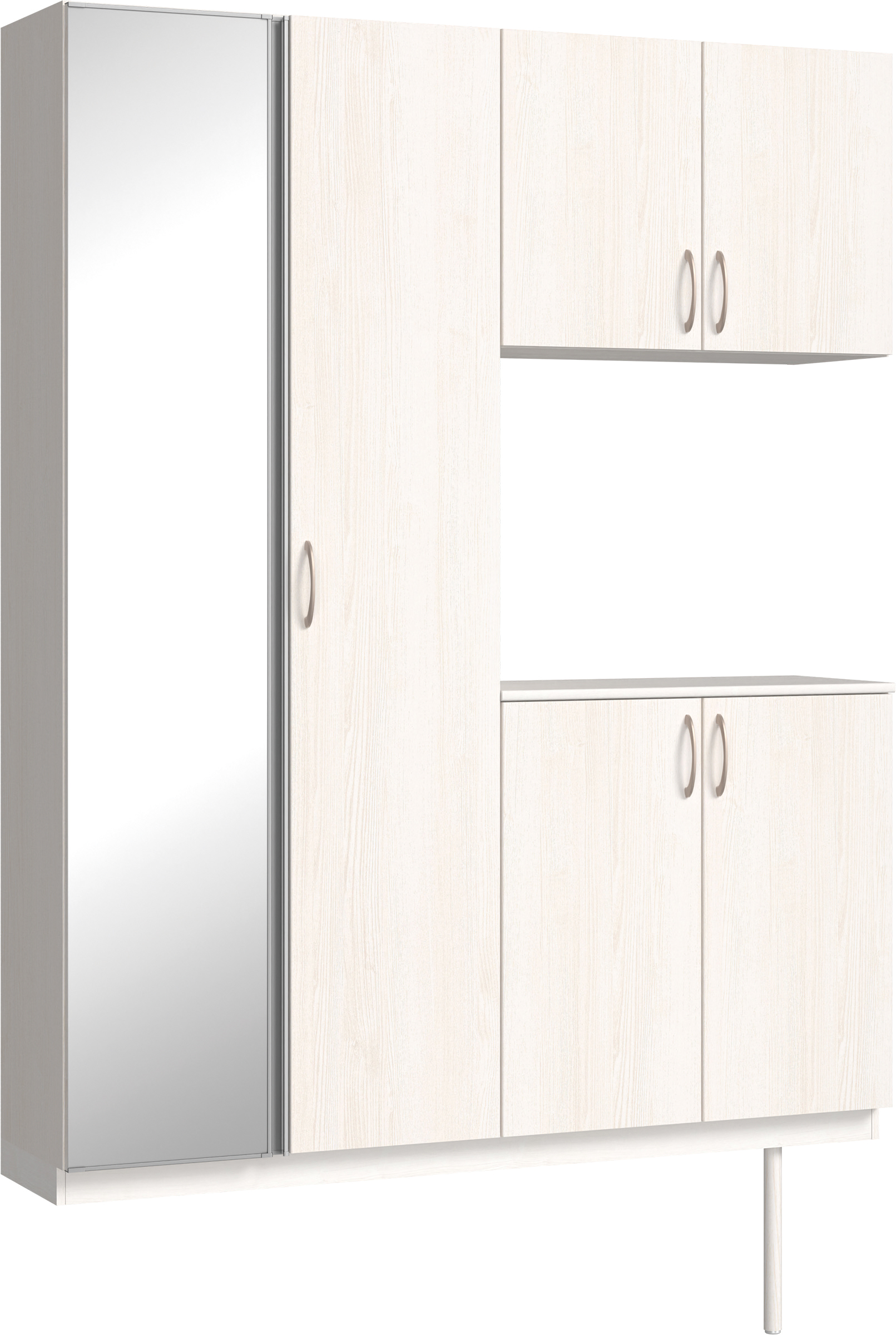 玄関収納　イエリア　開き戸ユニット　フラット縦木目　Ｓ０２　コの字ＰＬＡＮ　シューズ収納　ミラー扉　１６００幅　〈ネオホワイト柄〉　ハンドルラウンド型〈Ｔシルバー色〉