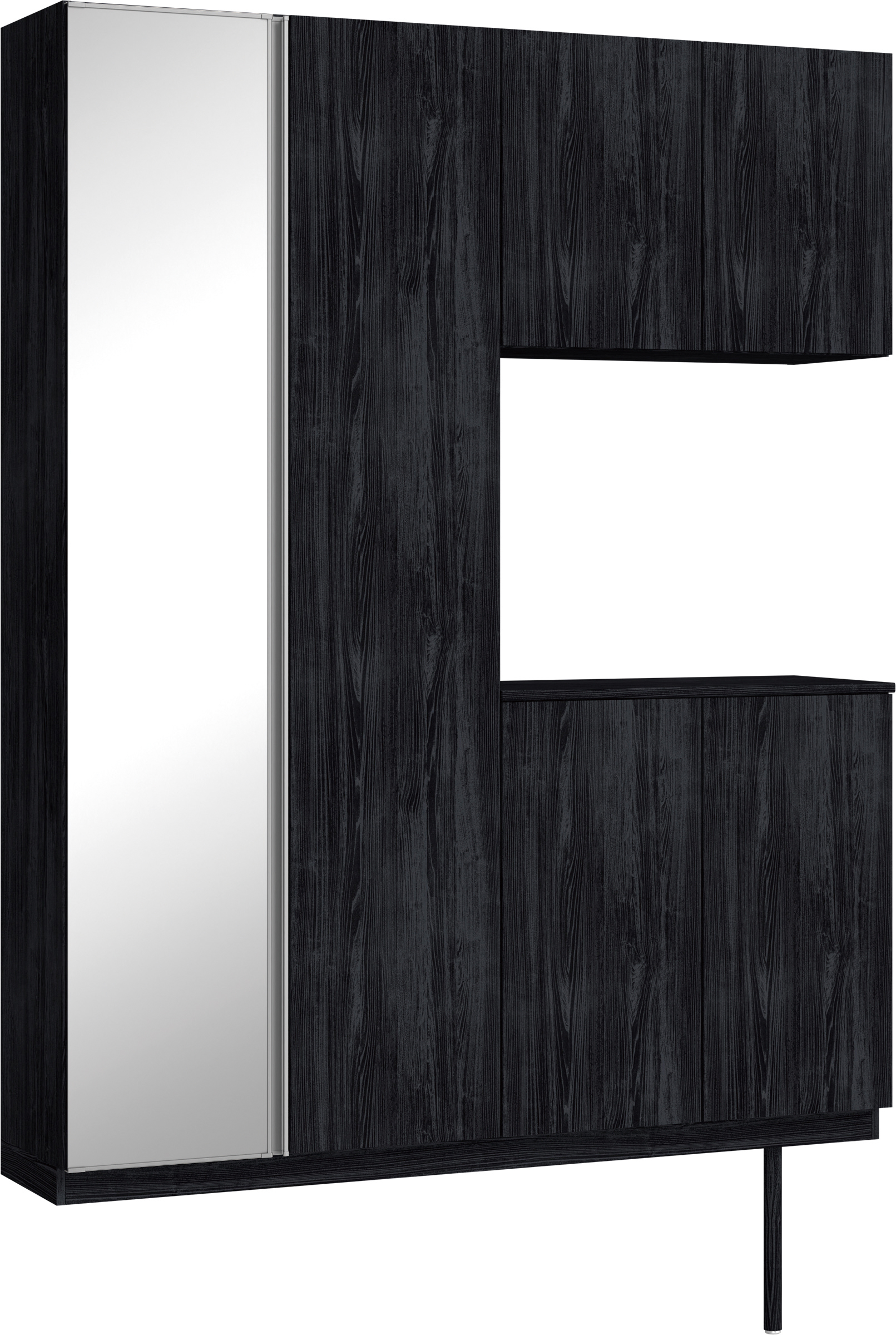 玄関収納　イエリア　開き戸ユニット　フラット縦木目　Ｓ０２　コの字ＰＬＡＮ　シューズ収納　ミラー扉　１６００幅　〈モスブラック柄〉　ハンドルレス