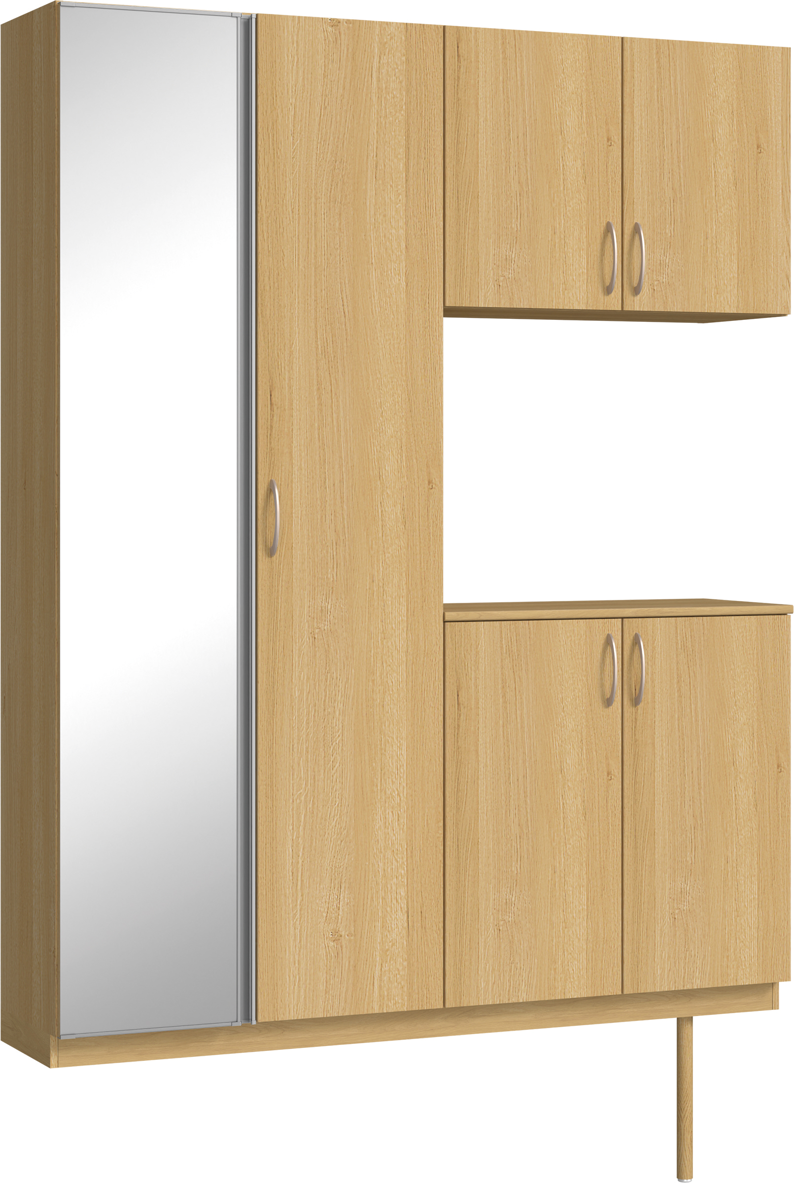 玄関収納　イエリア　開き戸ユニット　フラット縦木目　Ｓ０２　コの字ＰＬＡＮ　シューズ収納　ミラー扉　１６００幅　〈ライトオーカー柄〉　ハンドルラウンド型〈Ｔシルバー色〉