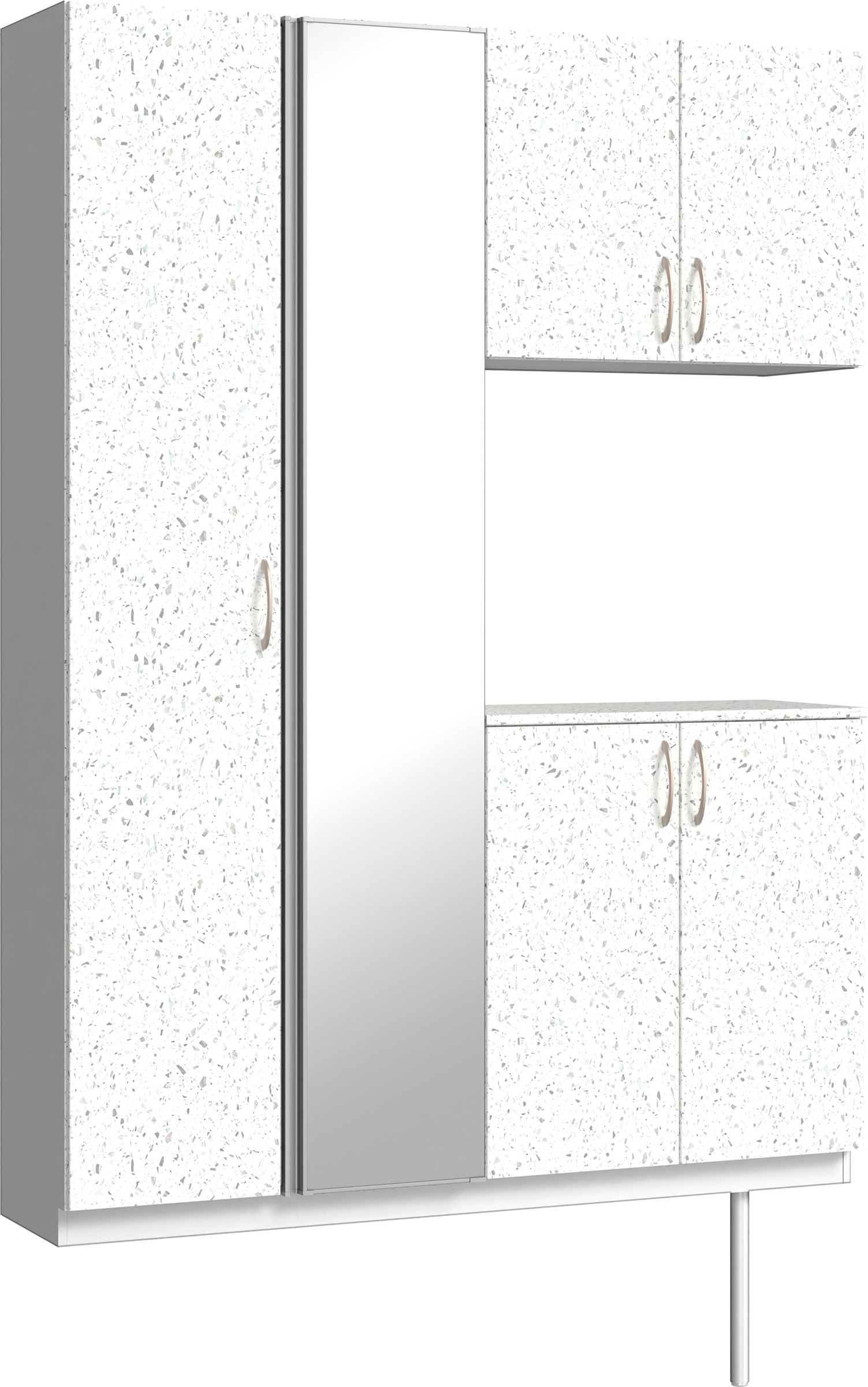 玄関収納　イエリア　開き戸ユニット　フラット　Ｓ８３　コの字ＰＬＡＮ　シューズ収納　ミラー扉　１４８０幅　〈テラゾホワイト柄〉　ハンドルラウンド型〈Ｔシルバー色〉