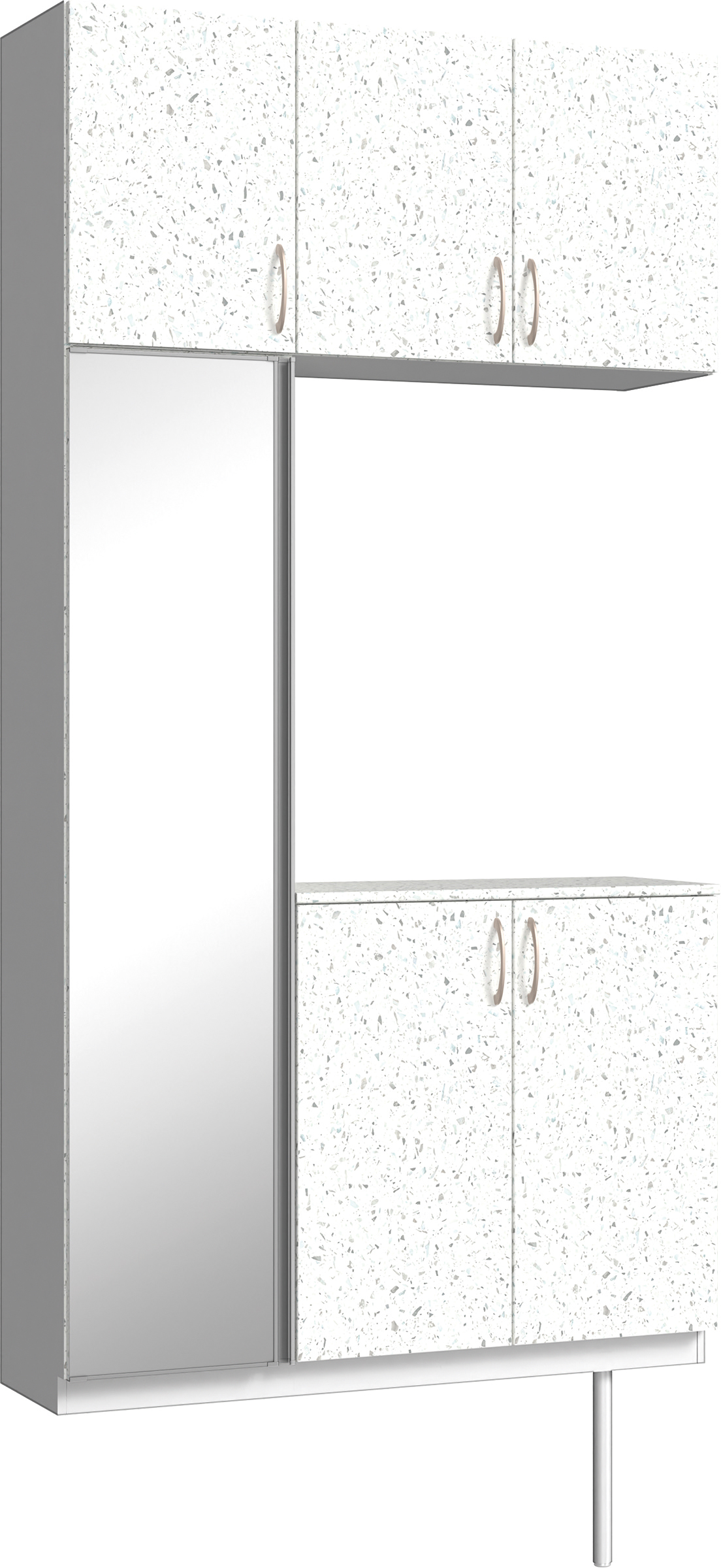 玄関収納　イエリア　開き戸ユニット　フラット　Ｓ３８　コの字ＰＬＡＮ　シューズ収納　ミラー扉　１２００幅　〈テラゾホワイト柄〉　ハンドルラウンド型〈Ｔシルバー色〉