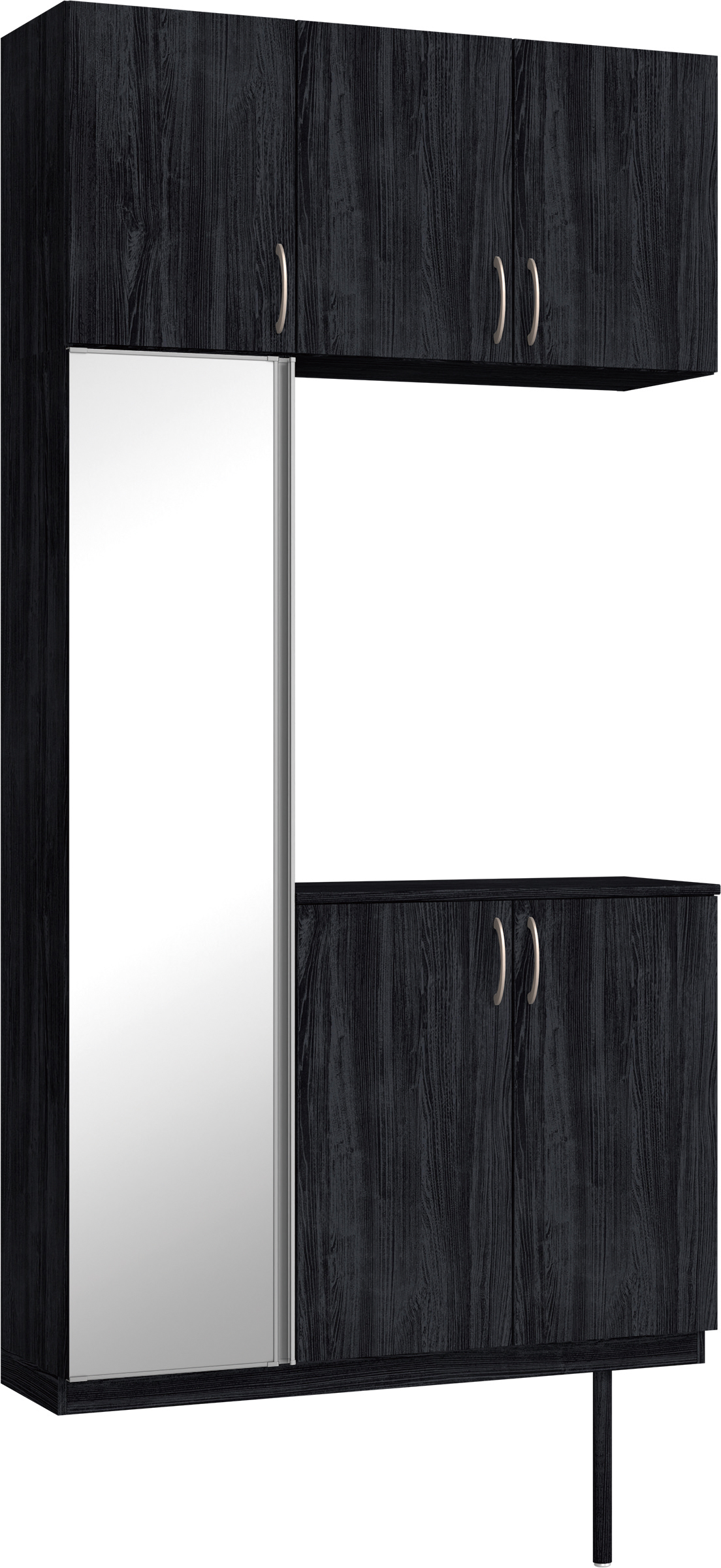 玄関収納　イエリア　開き戸ユニット　フラット縦木目　Ｓ３８　コの字ＰＬＡＮ　シューズ収納　ミラー扉　１２００幅　〈モスブラック柄〉　ハンドルラウンド型〈Ｔシルバー色〉