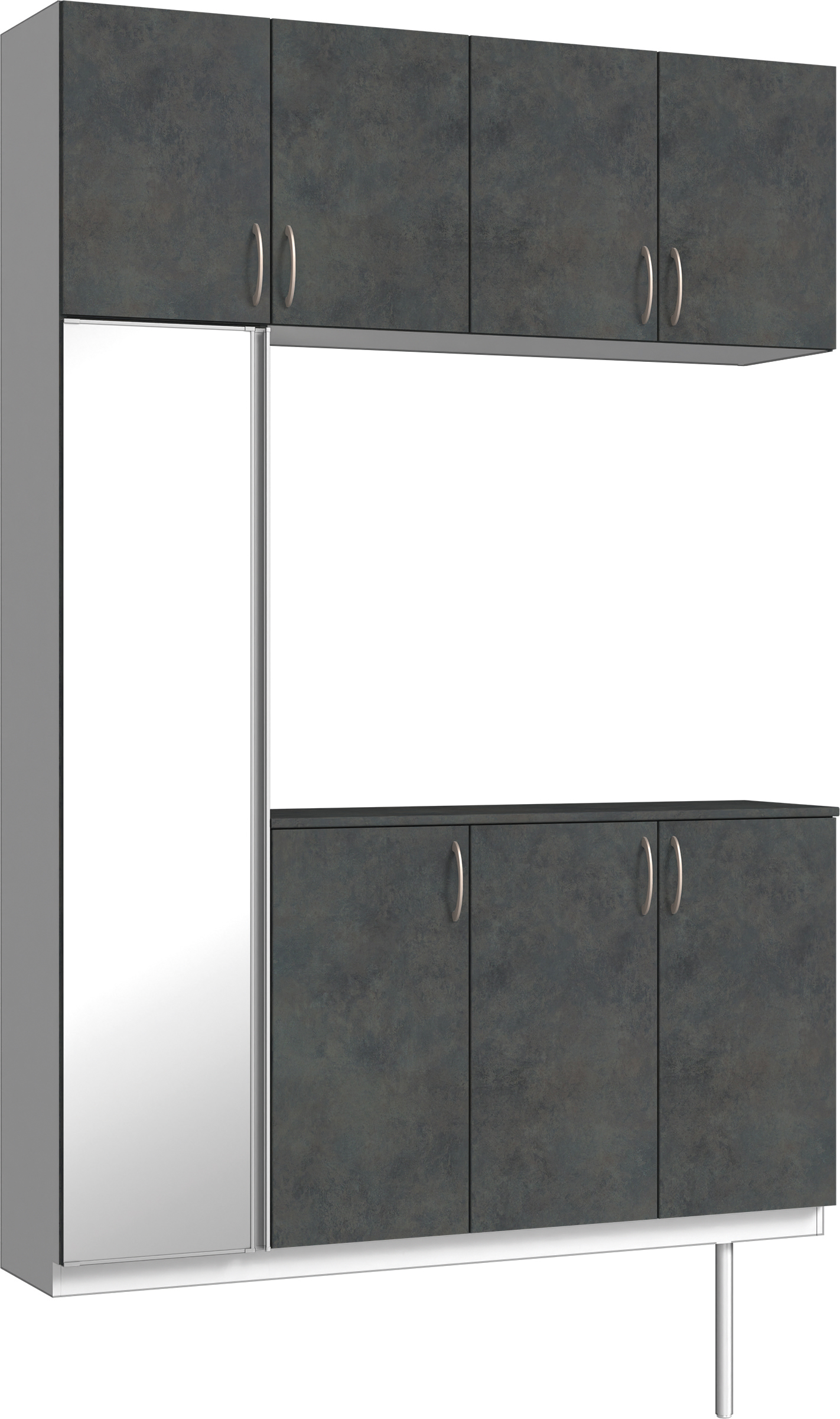 玄関収納　イエリア　開き戸ユニット　フラット　Ｓ４５　コの字ＰＬＡＮ　シューズ収納　ミラー扉　１６００幅　〈アイアンブラック柄〉　ハンドルラウンド型〈Ｔシルバー色〉