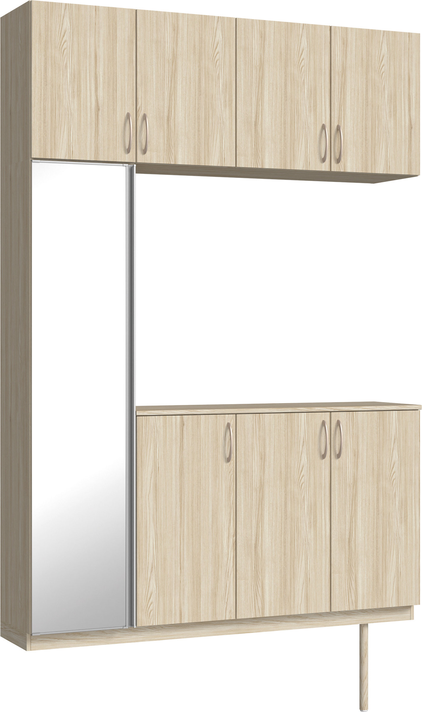 玄関収納　イエリア　開き戸ユニット　フラット縦木目　Ｓ４５　コの字ＰＬＡＮ　シューズ収納　ミラー扉　１６００幅　〈ソフトグレージュ柄〉　ハンドルラウンド型〈Ｔシルバー色〉