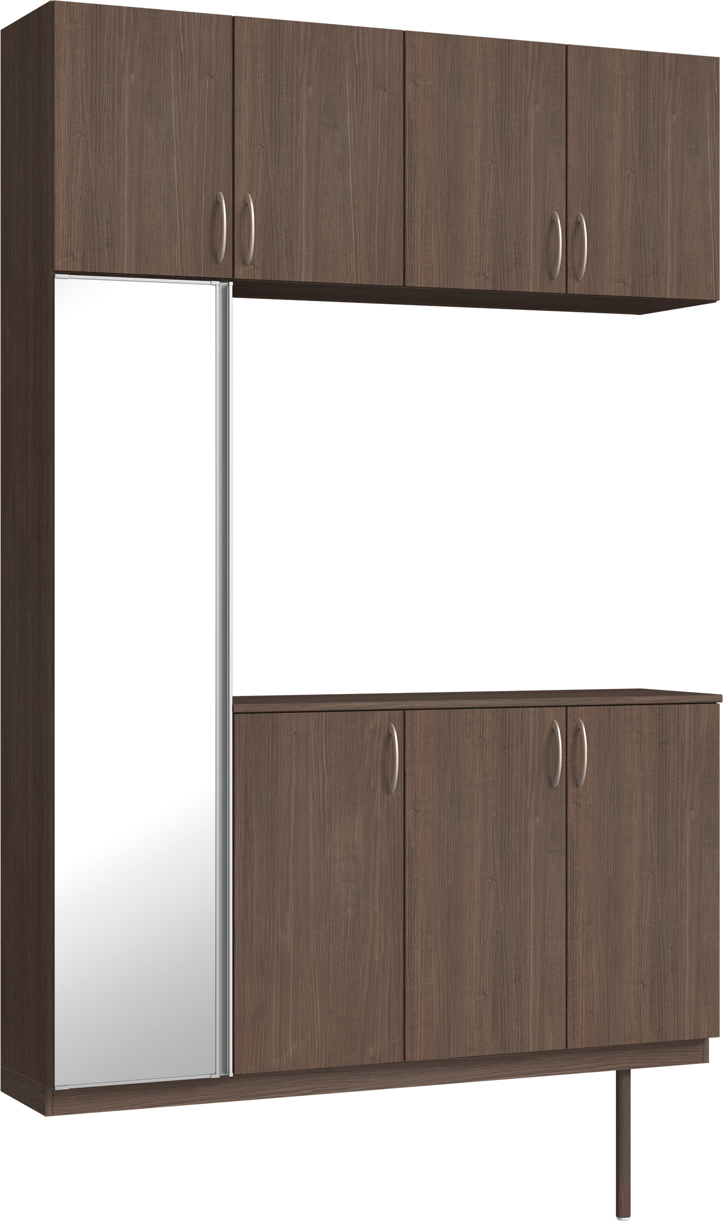 玄関収納　イエリア　開き戸ユニット　フラット縦木目　Ｓ４５　コの字ＰＬＡＮ　シューズ収納　ミラー扉　１６００幅　〈ダルブラウン柄〉　ハンドルラウンド型〈Ｔシルバー色〉