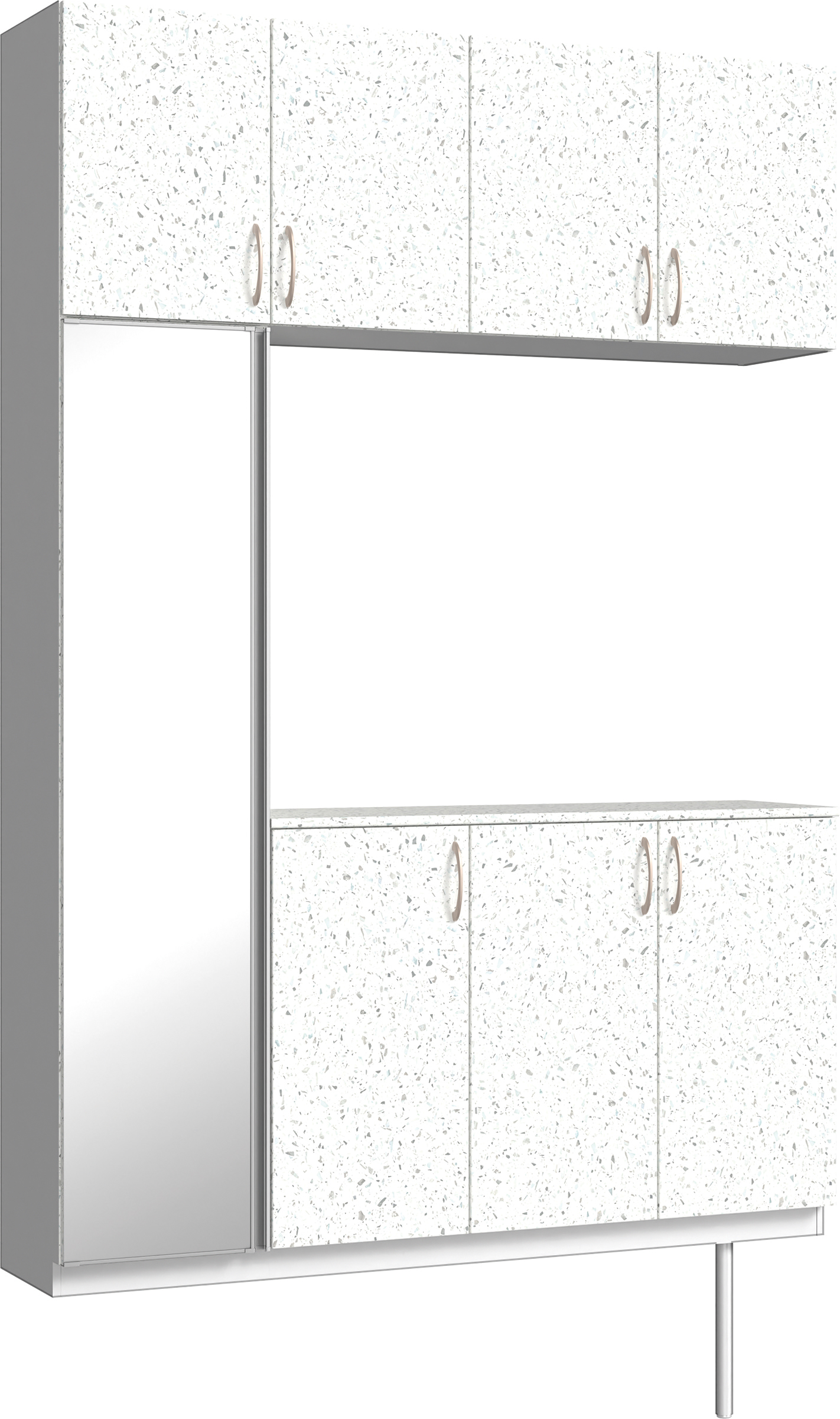 玄関収納　イエリア　開き戸ユニット　フラット　Ｓ４５　コの字ＰＬＡＮ　シューズ収納　ミラー扉　１６００幅　〈テラゾホワイト柄〉　ハンドルラウンド型〈Ｔシルバー色〉