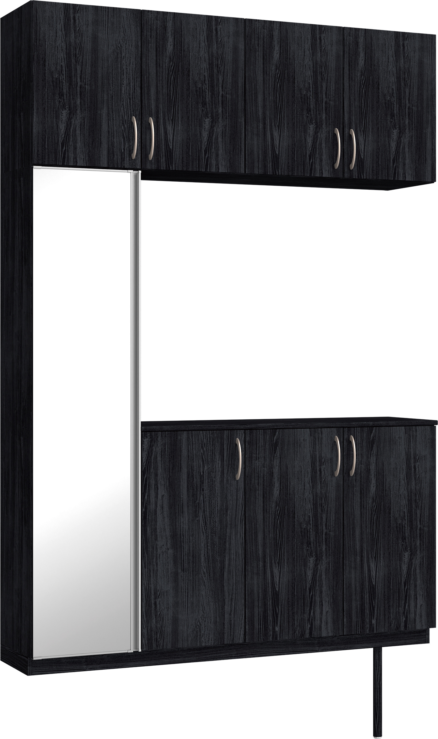 玄関収納　イエリア　開き戸ユニット　フラット縦木目　Ｓ４５　コの字ＰＬＡＮ　シューズ収納　ミラー扉　１６００幅　〈モスブラック柄〉　ハンドルラウンド型〈Ｔシルバー色〉