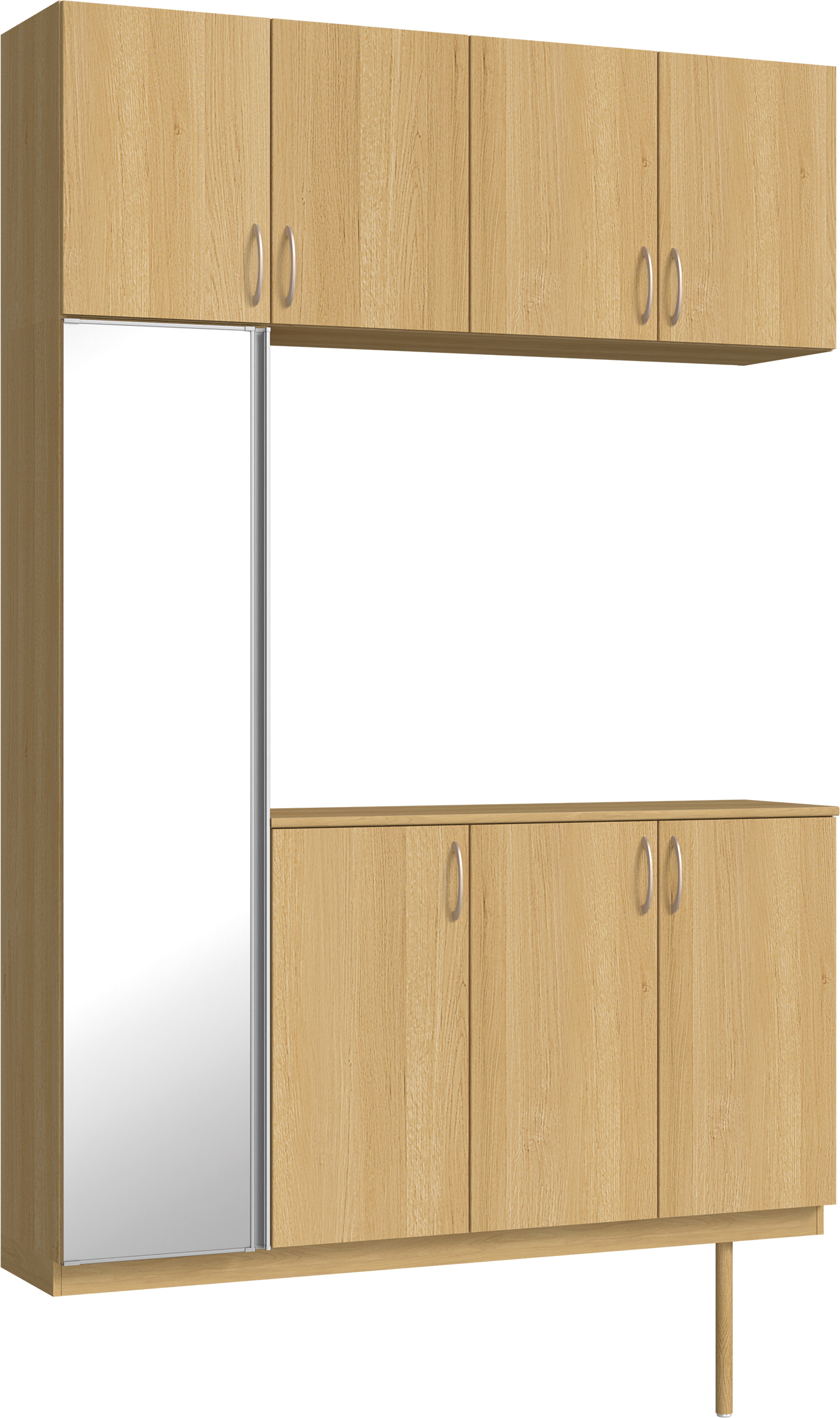 玄関収納　イエリア　開き戸ユニット　フラット縦木目　Ｓ４５　コの字ＰＬＡＮ　シューズ収納　ミラー扉　１６００幅　〈ライトオーカー柄〉　ハンドルラウンド型〈Ｔシルバー色〉