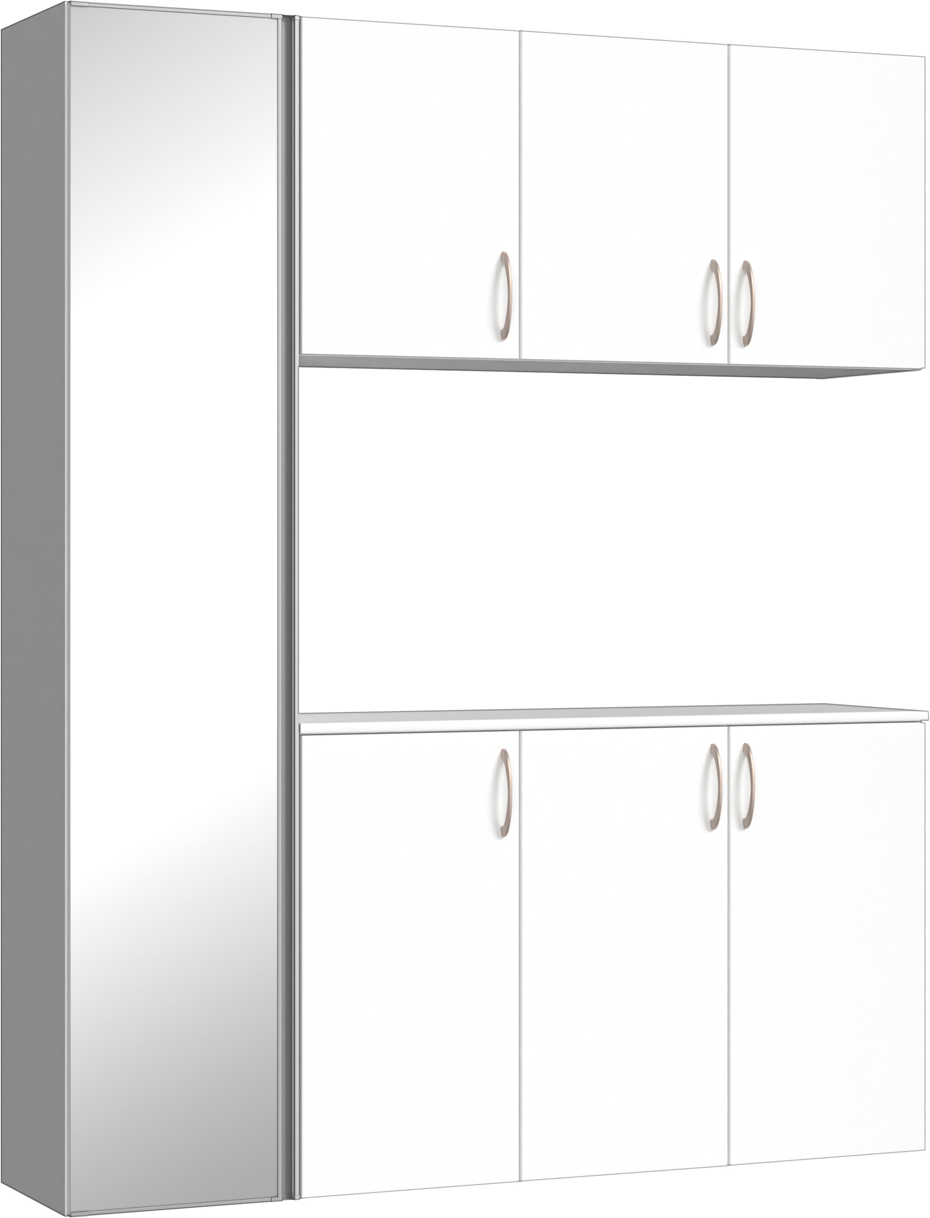 玄関収納　イエリア　開き戸ユニット　フラット縦木目　Ｓ８１　コの字ＰＬＡＮ　シューズ収納　ミラー扉　１６００幅　〈パウダーホワイト柄〉　ハンドルラウンド型〈Ｔシルバー色〉