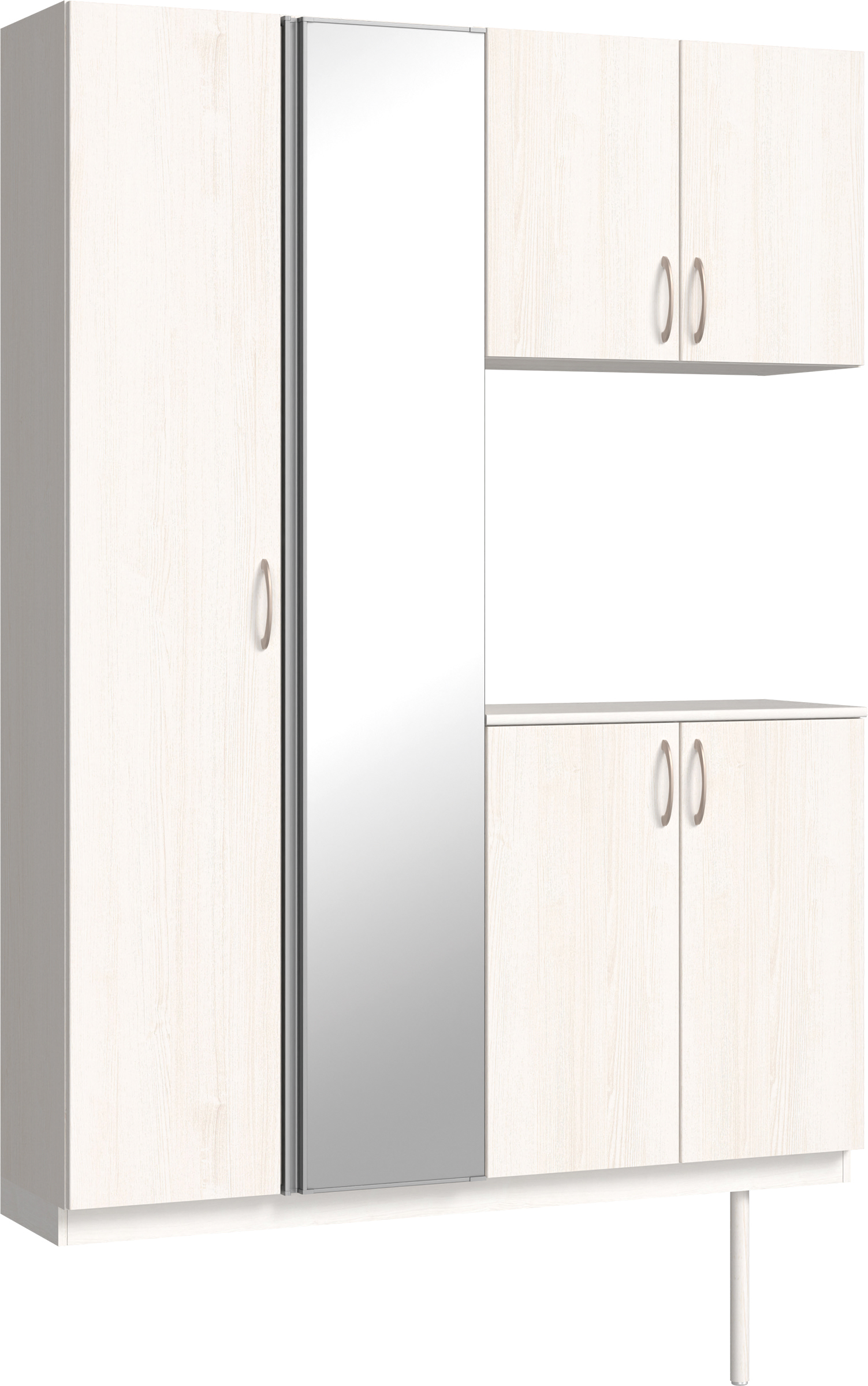 玄関収納　イエリア　開き戸ユニット　フラット縦木目　Ｓ８３　コの字ＰＬＡＮ　シューズ収納　ミラー扉　１４８０幅　〈ネオホワイト柄〉　ハンドルラウンド型〈Ｔシルバー色〉