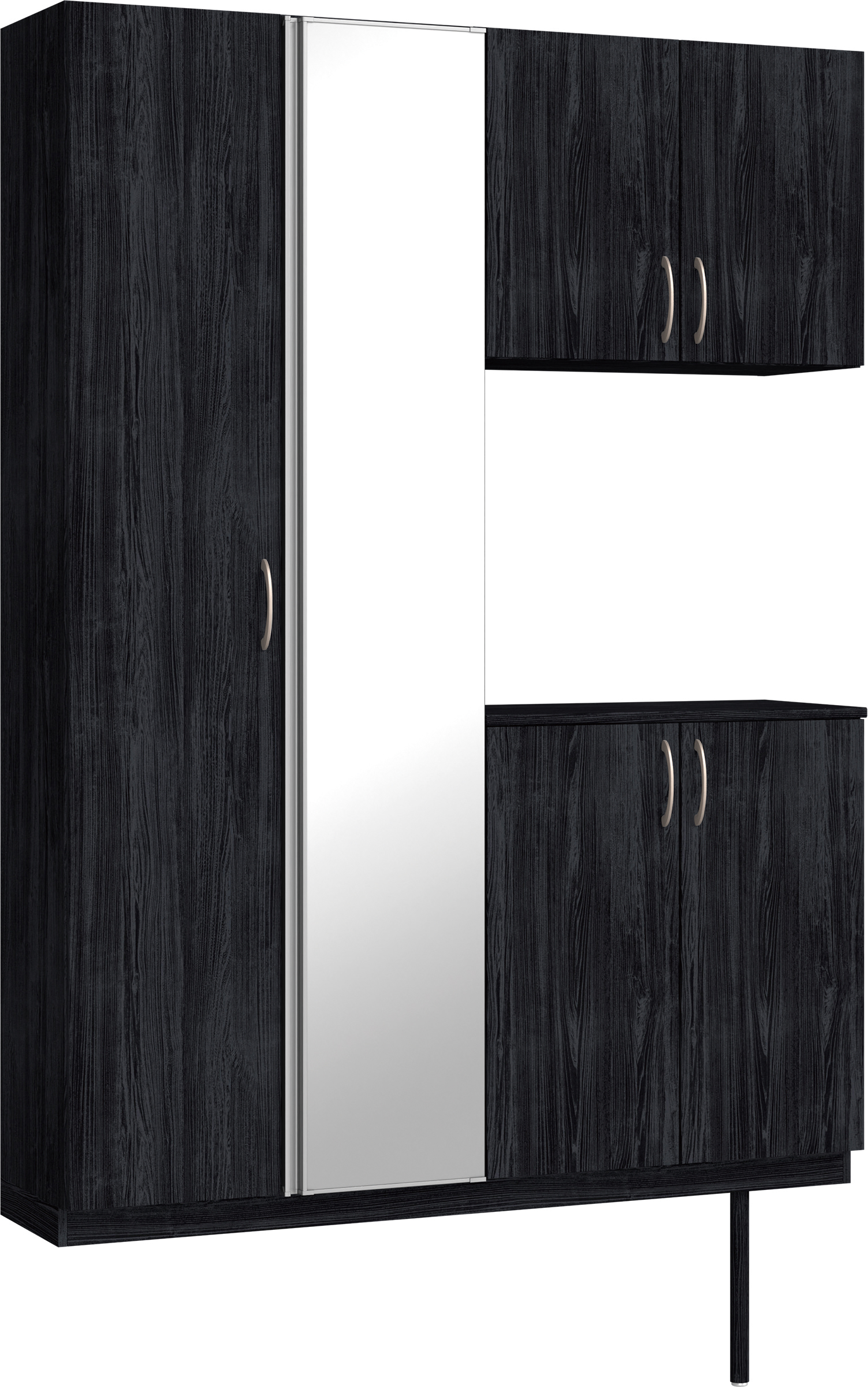 玄関収納　イエリア　開き戸ユニット　フラット縦木目　Ｓ８３　コの字ＰＬＡＮ　シューズ収納　ミラー扉　１４８０幅　〈モスブラック柄〉　ハンドルラウンド型〈Ｔシルバー色〉