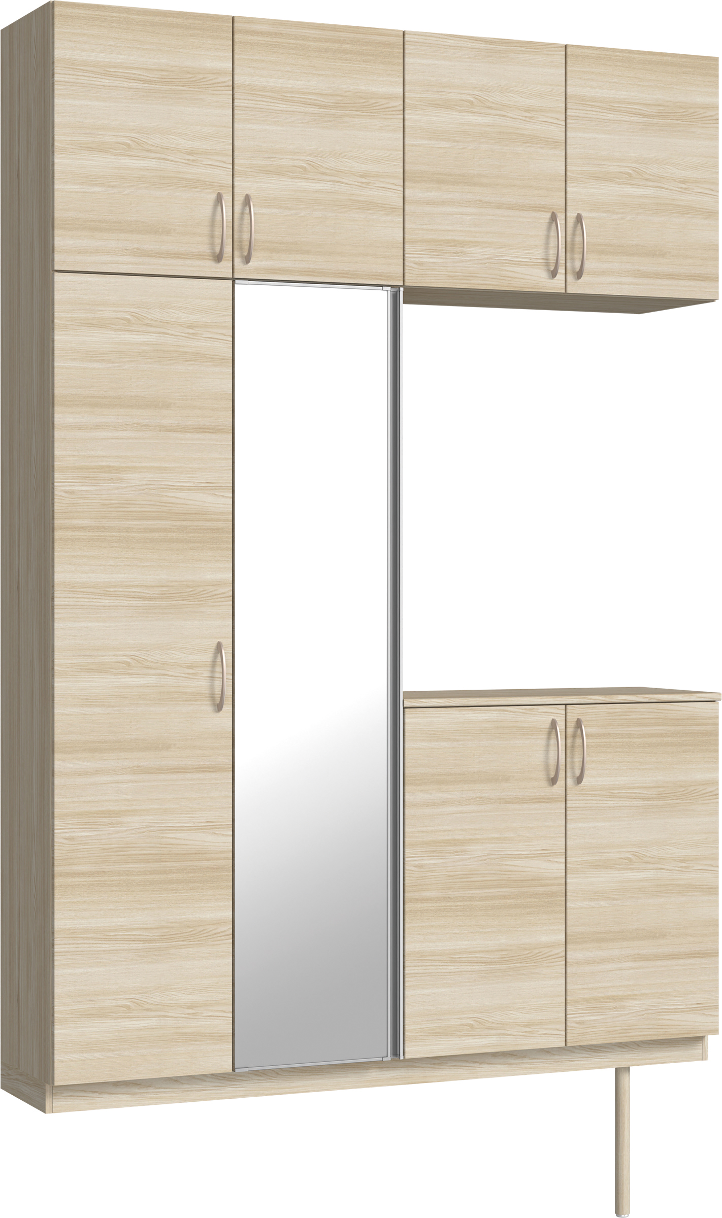 玄関収納　イエリア　開き戸ユニット　フラット横木目　Ｓ４９　コの字ＰＬＡＮ　シューズ収納　ミラー扉　１６００幅　〈ソフトグレージュ柄〉　ハンドルラウンド型〈Ｔシルバー色〉