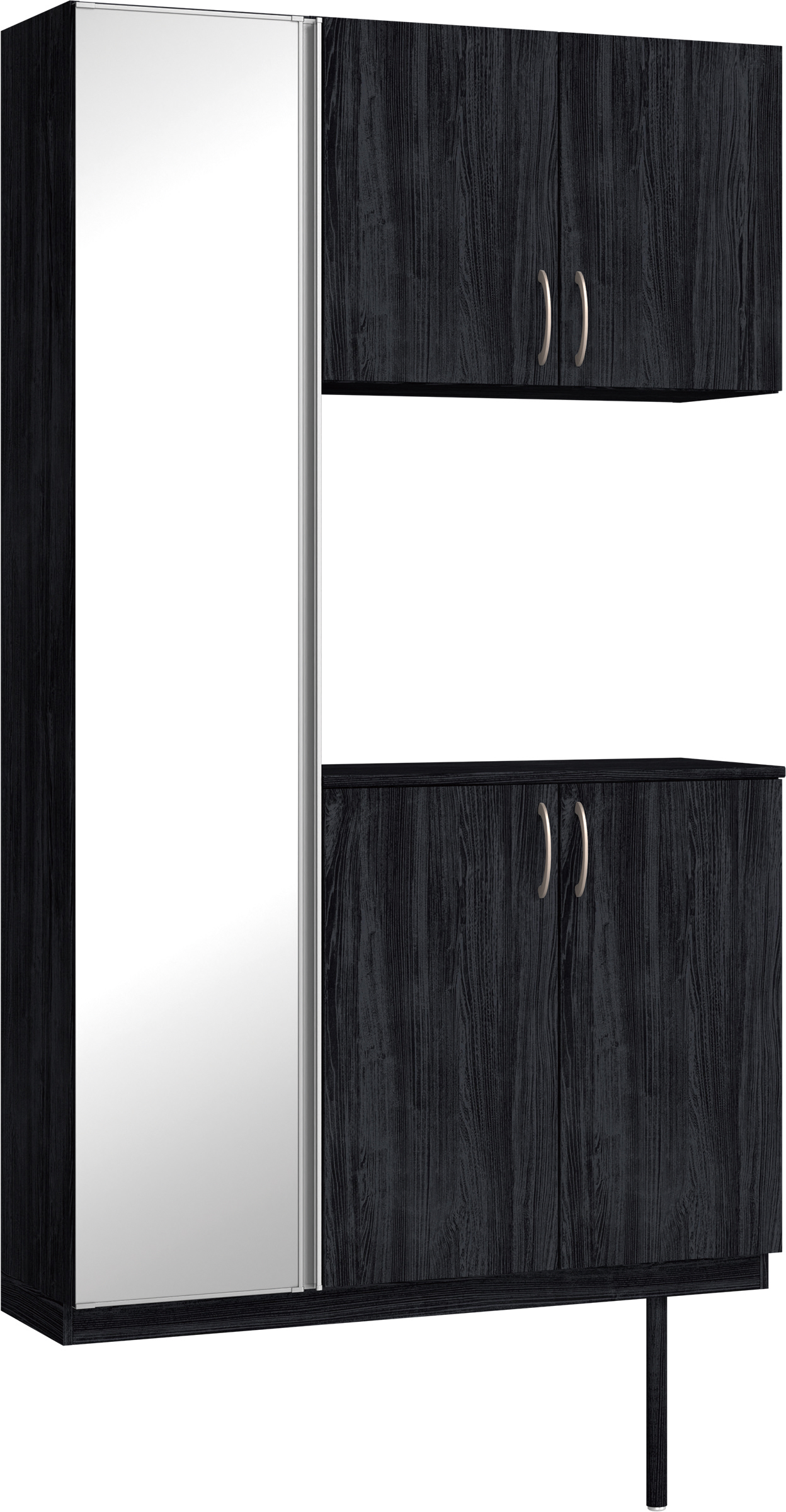 玄関収納　イエリア　開き戸ユニット　フラット縦木目　Ｓ９３　コの字ＰＬＡＮ　シューズ収納　ミラー扉　１２００幅　〈モスブラック柄〉　ハンドルラウンド型〈Ｔシルバー色〉