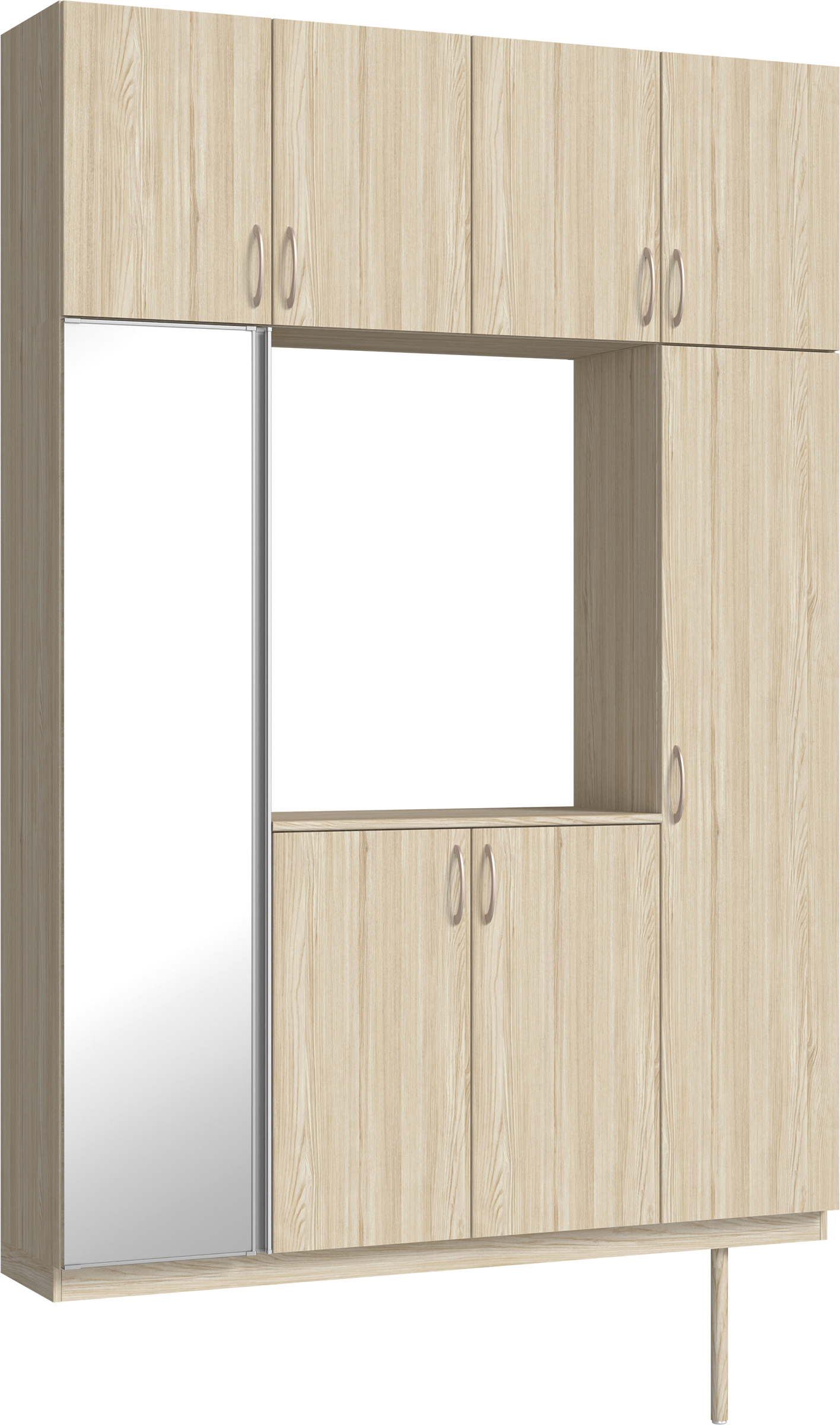 玄関収納　イエリア　開き戸ユニット　フラット縦木目　Ｓ４４　ロの字ＰＬＡＮ　シューズ収納　ミラー扉　１６００幅　〈ソフトグレージュ柄〉　ハンドルラウンド型〈Ｔシルバー色〉