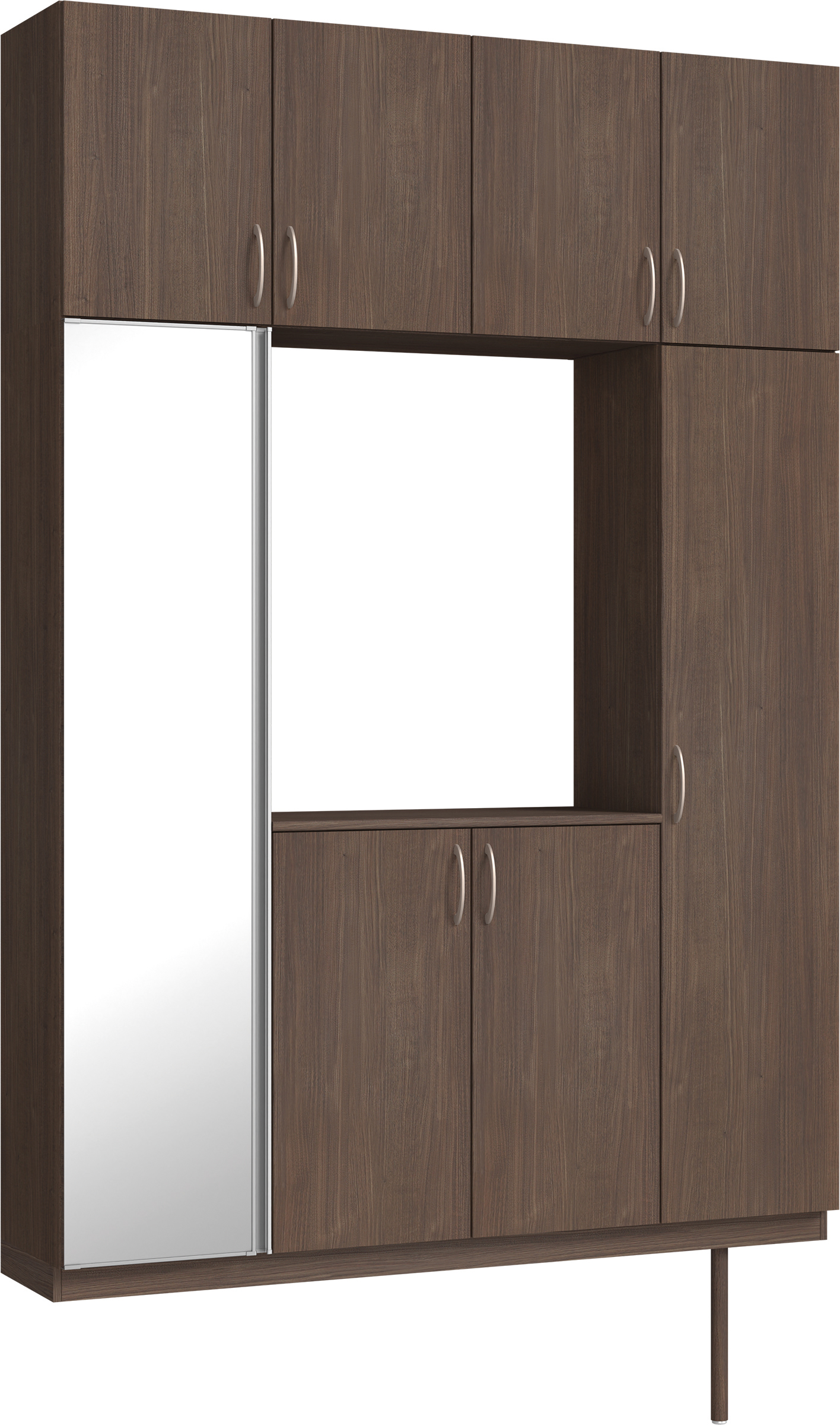 玄関収納　イエリア　開き戸ユニット　フラット縦木目　Ｓ４４　ロの字ＰＬＡＮ　シューズ収納　ミラー扉　１６００幅　〈ダルブラウン柄〉　ハンドルラウンド型〈Ｔシルバー色〉