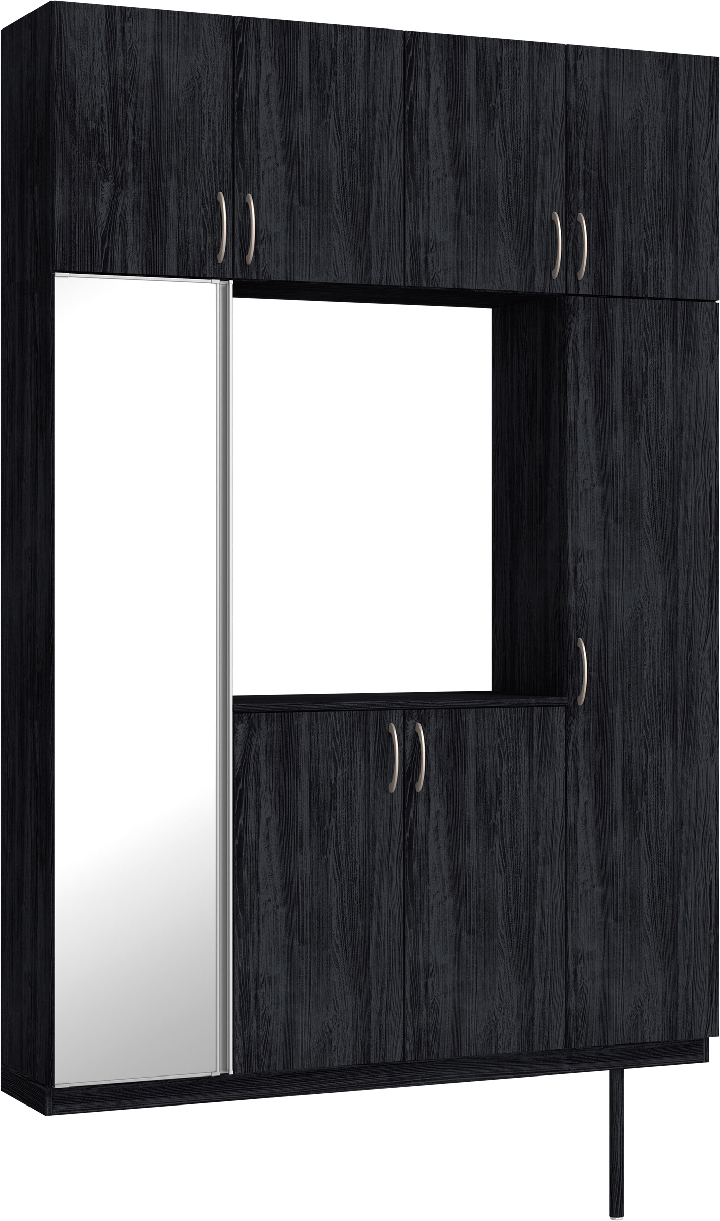 玄関収納　イエリア　開き戸ユニット　フラット縦木目　Ｓ４４　ロの字ＰＬＡＮ　シューズ収納　ミラー扉　１６００幅　〈モスブラック柄〉　ハンドルラウンド型〈Ｔシルバー色〉