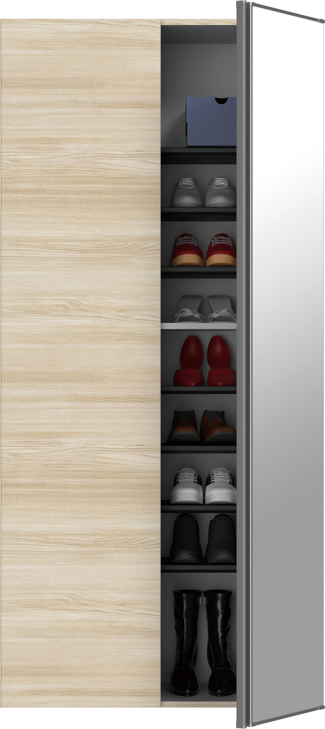 玄関収納　イエリア　開き戸ユニット　プラン用ユニットセット　トールユニット　フラット横木目　シューズ収納片ミラー　８００幅　Ｈ６タイプ（２３００高組合せ用）　〈ソフトグレージュ柄〉　ハンドルレス用