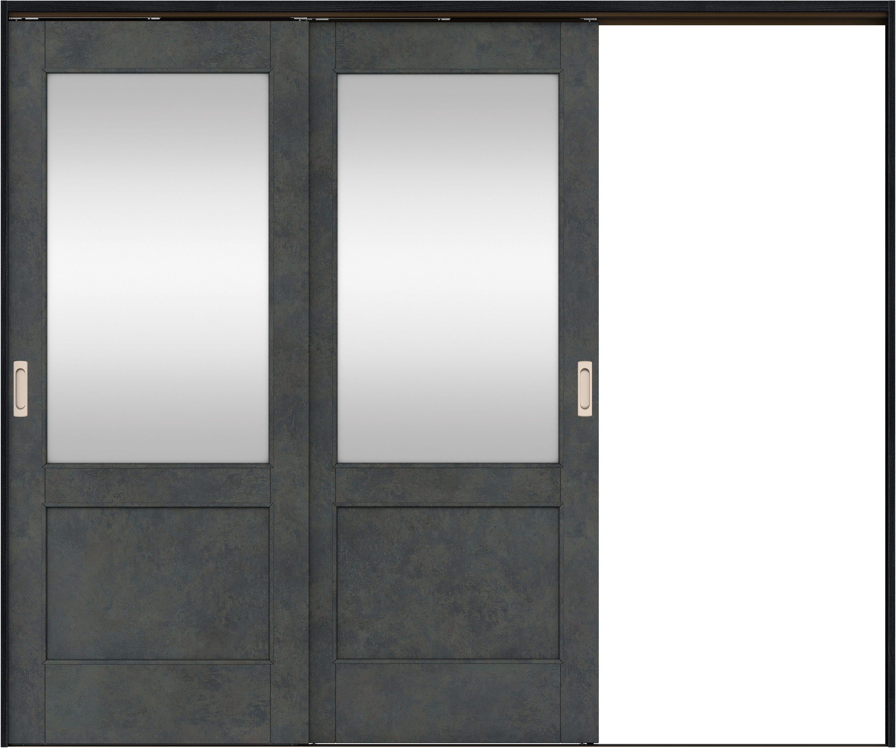 リビングドア　イエリア　吊戸・２枚片引　扉セット　２６デザイン　２４３７幅用　２０００高　〈アイアンブラック柄〉　右引用　錠なし　ラクラクローズ付用