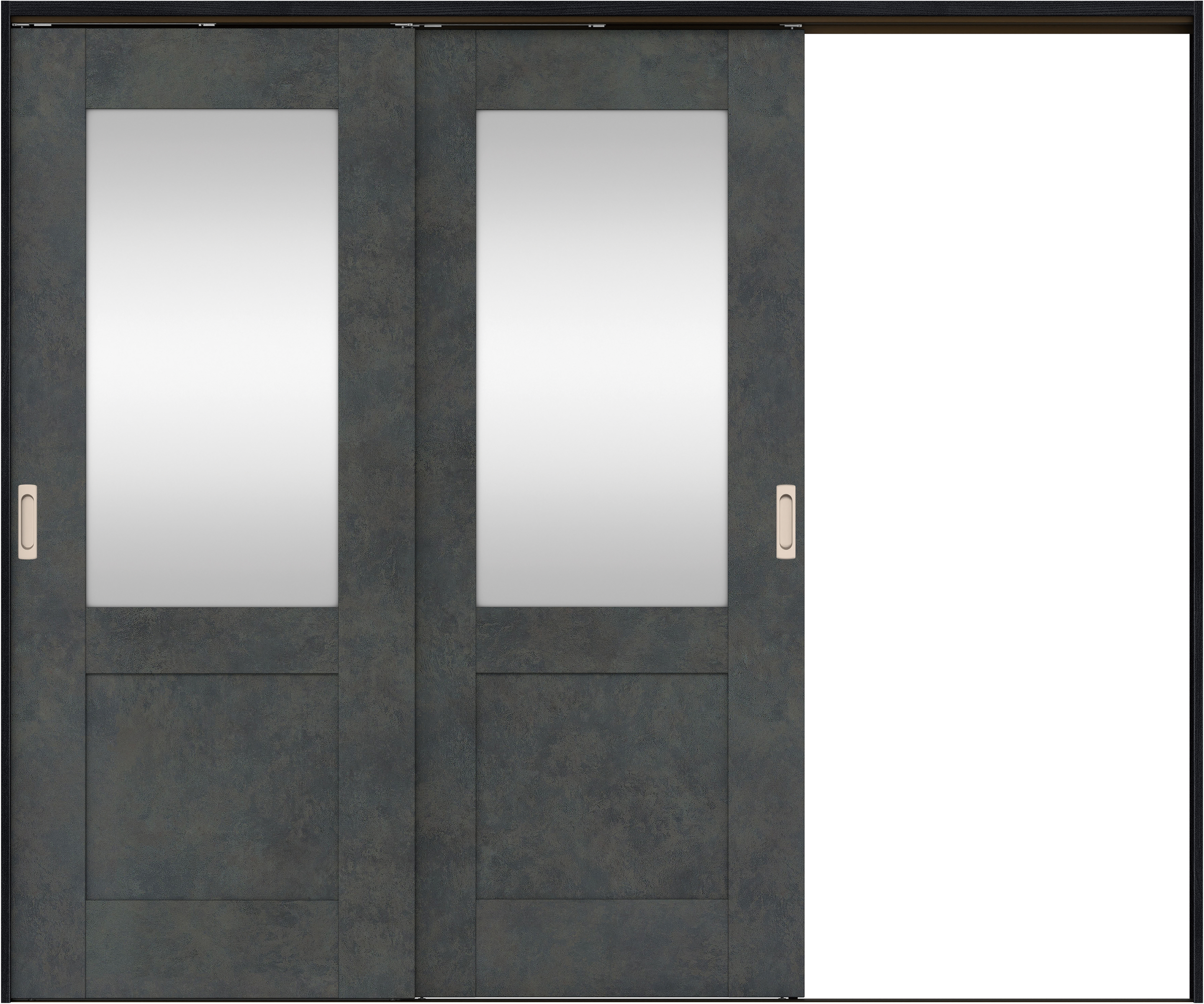 リビングドア　イエリア　吊戸・２枚片引　扉セット　２８デザイン　２４３７幅用　２０００高　〈アイアンブラック柄〉　右引用　錠なし　ラクラクローズ付用