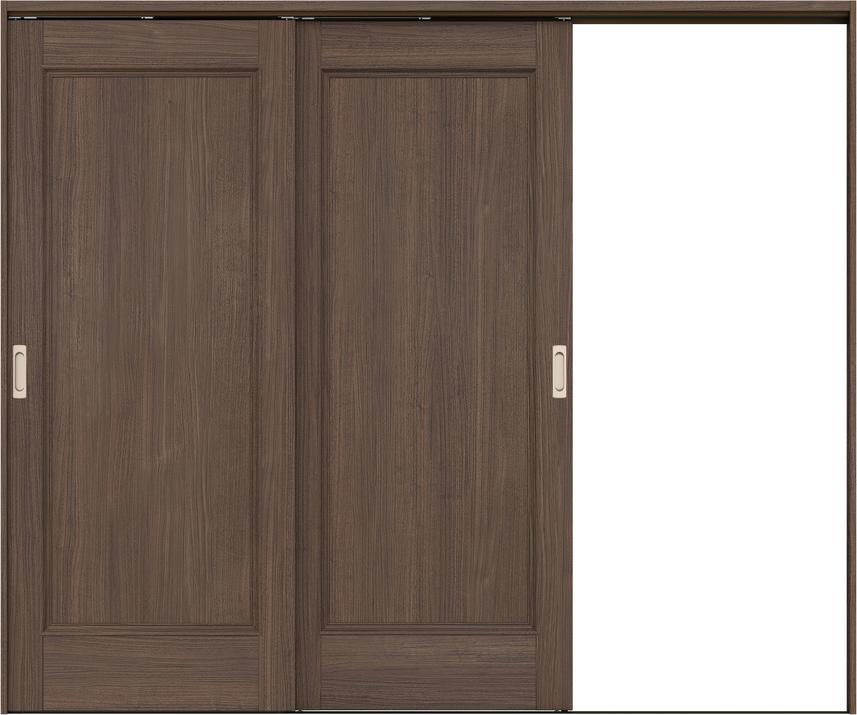 リビングドア　イエリア　吊戸・２枚片引　扉セット　Ｍ５デザイン　２４３７幅用　２０００高　〈ダルブラウン柄〉　右引用　錠なし　ラクラクローズ付用