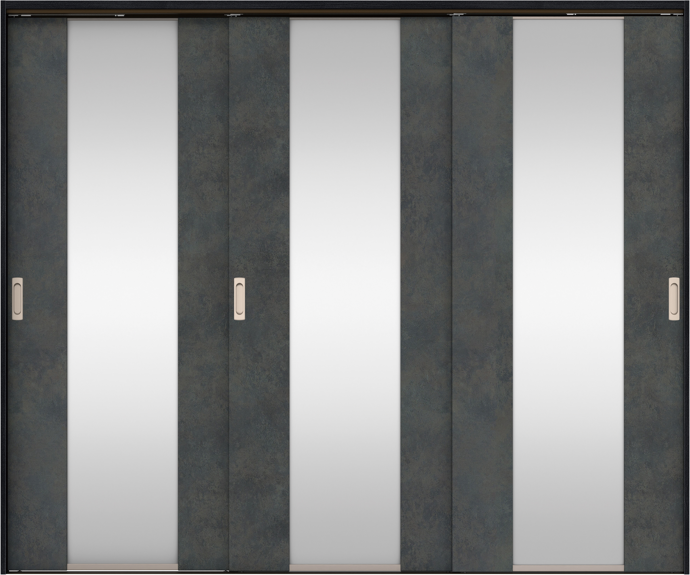 リビングドア　イエリア　吊戸・３枚引違　扉セット　４Ｐデザイン　２４３７幅用　２０００高　〈アイアンブラック柄〉　左右兼用　錠なし　ラクラクローズ付用