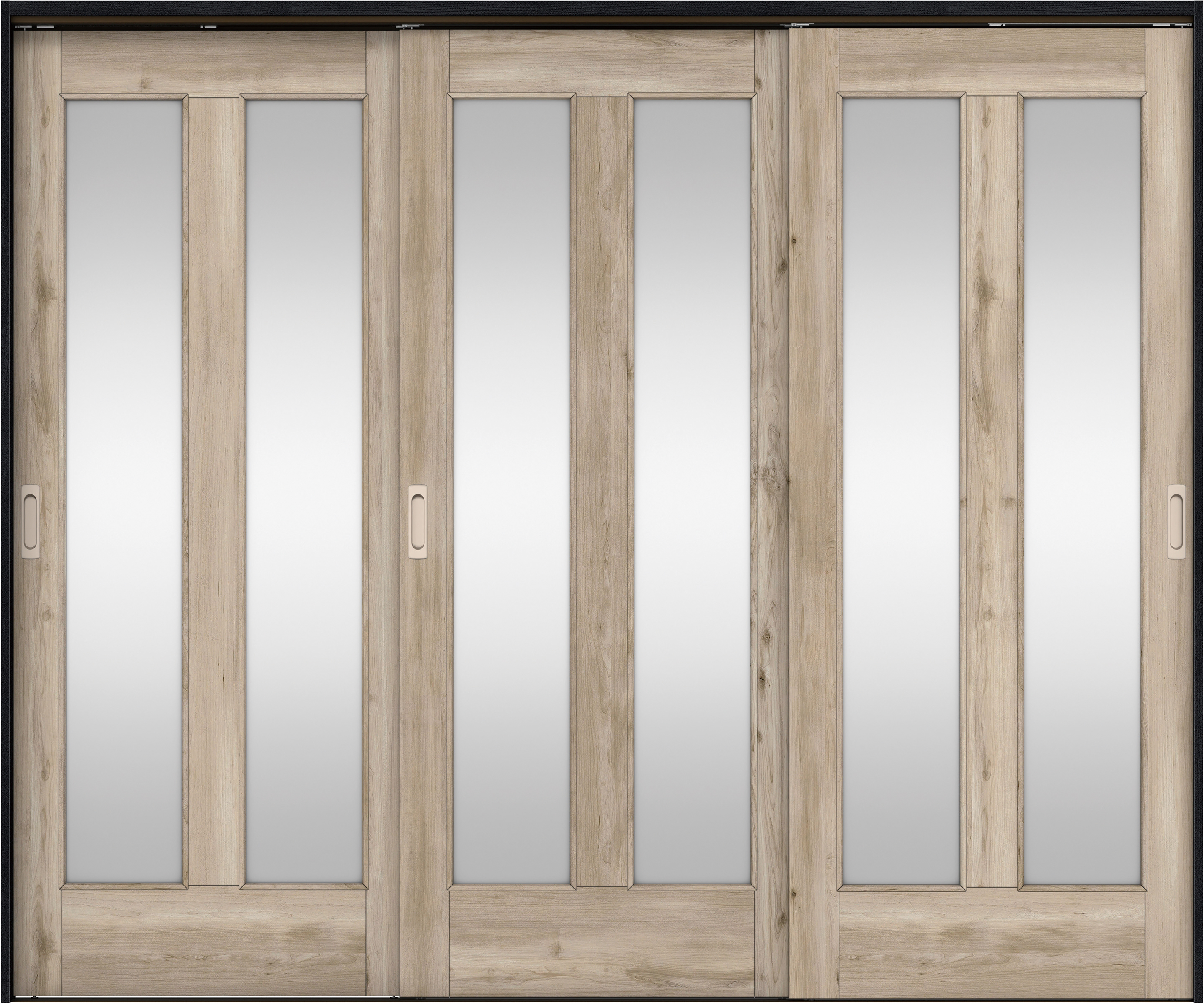 リビングドア　イエリア　吊戸・３枚引違　扉セット　０６デザイン　２４３７幅用　２０００高　〈スモークグレー柄〉　左右兼用　錠なし　ラクラクローズ付用