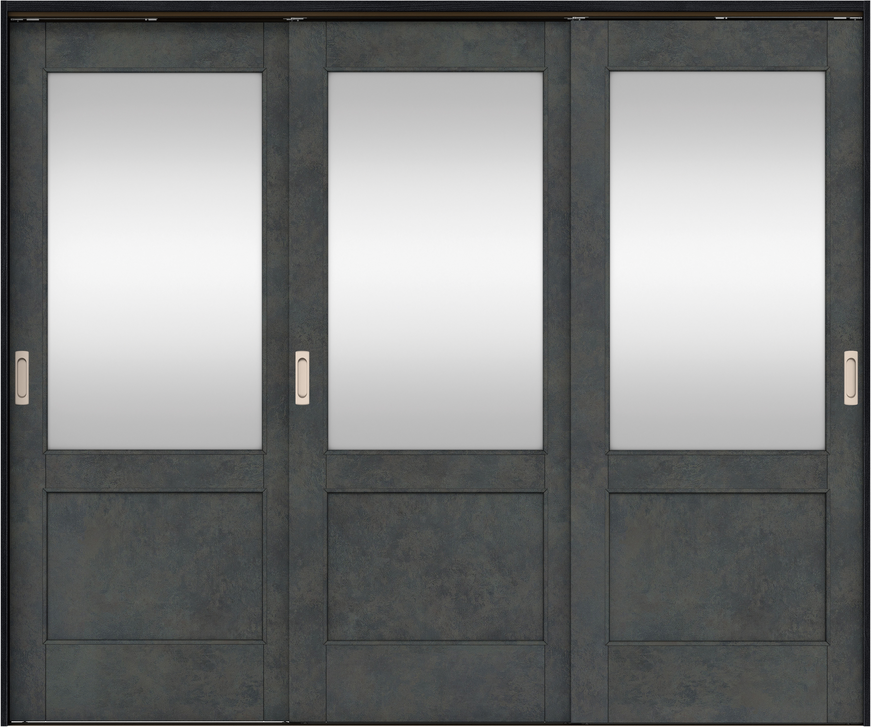 リビングドア　イエリア　吊戸・３枚引違　扉セット　２６デザイン　２４３７幅用　２０００高　〈アイアンブラック柄〉　左右兼用　錠なし　ラクラクローズ付用