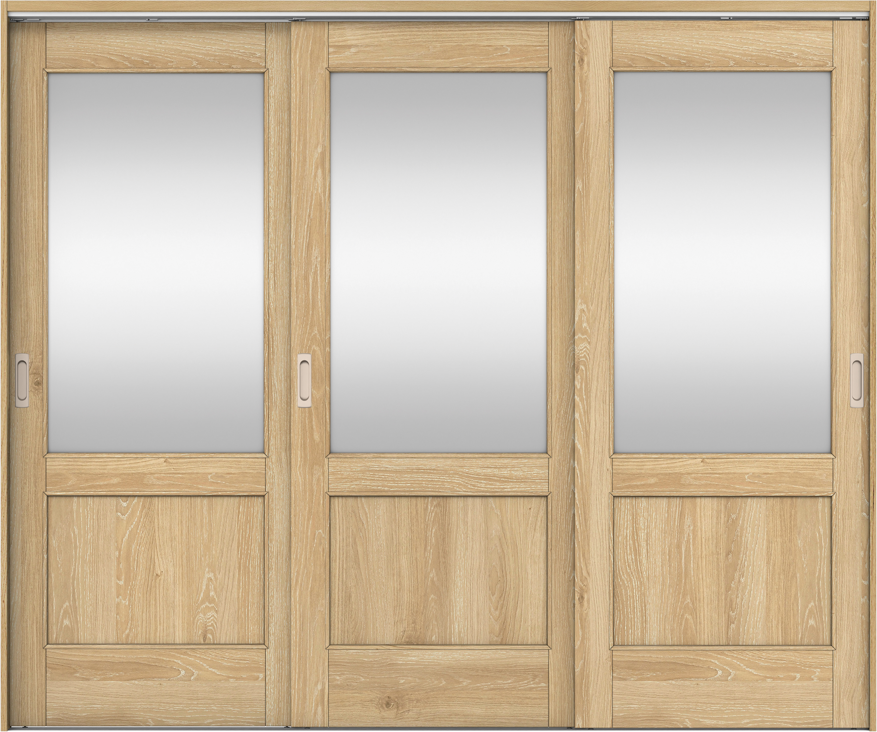 リビングドア　イエリア　吊戸・３枚引違　扉セット　２６デザイン　２４３７幅用　２０００高　〈ミルキーオーカー柄〉　左右兼用　錠なし　ラクラクローズ付用