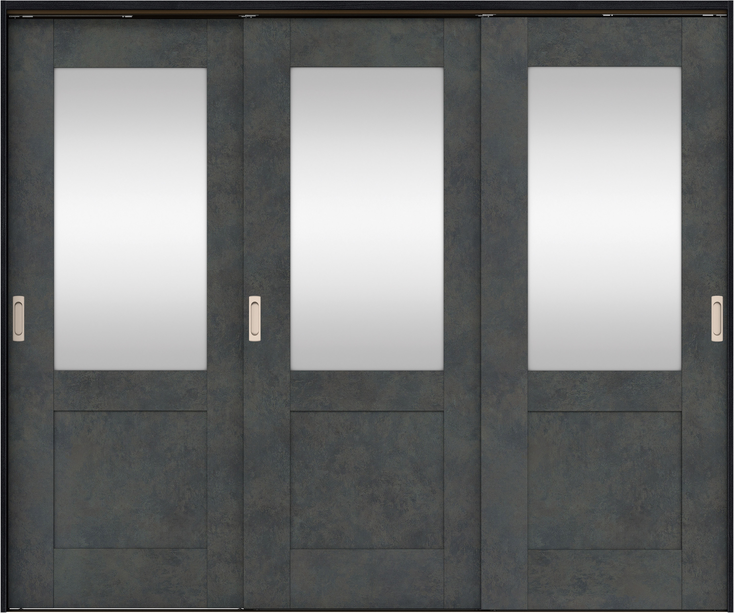 リビングドア　イエリア　吊戸・３枚引違　扉セット　２８デザイン　２４３７幅用　２０００高　〈アイアンブラック柄〉　左右兼用　錠なし　ラクラクローズ付用