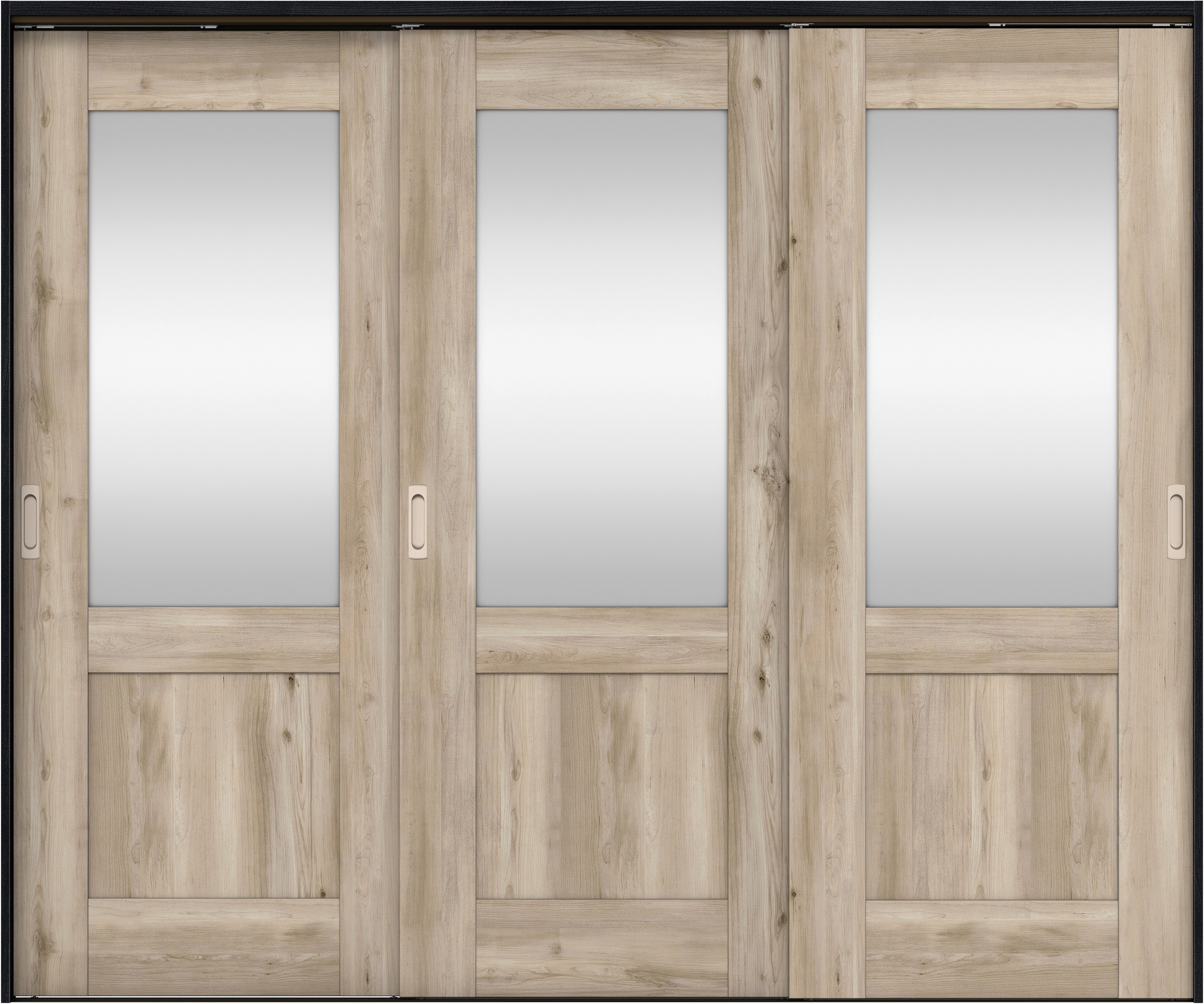 リビングドア　イエリア　吊戸・３枚引違　扉セット　２８デザイン　２４３７幅用　２０００高　〈スモークグレー柄〉　左右兼用　錠なし　ラクラクローズ付用