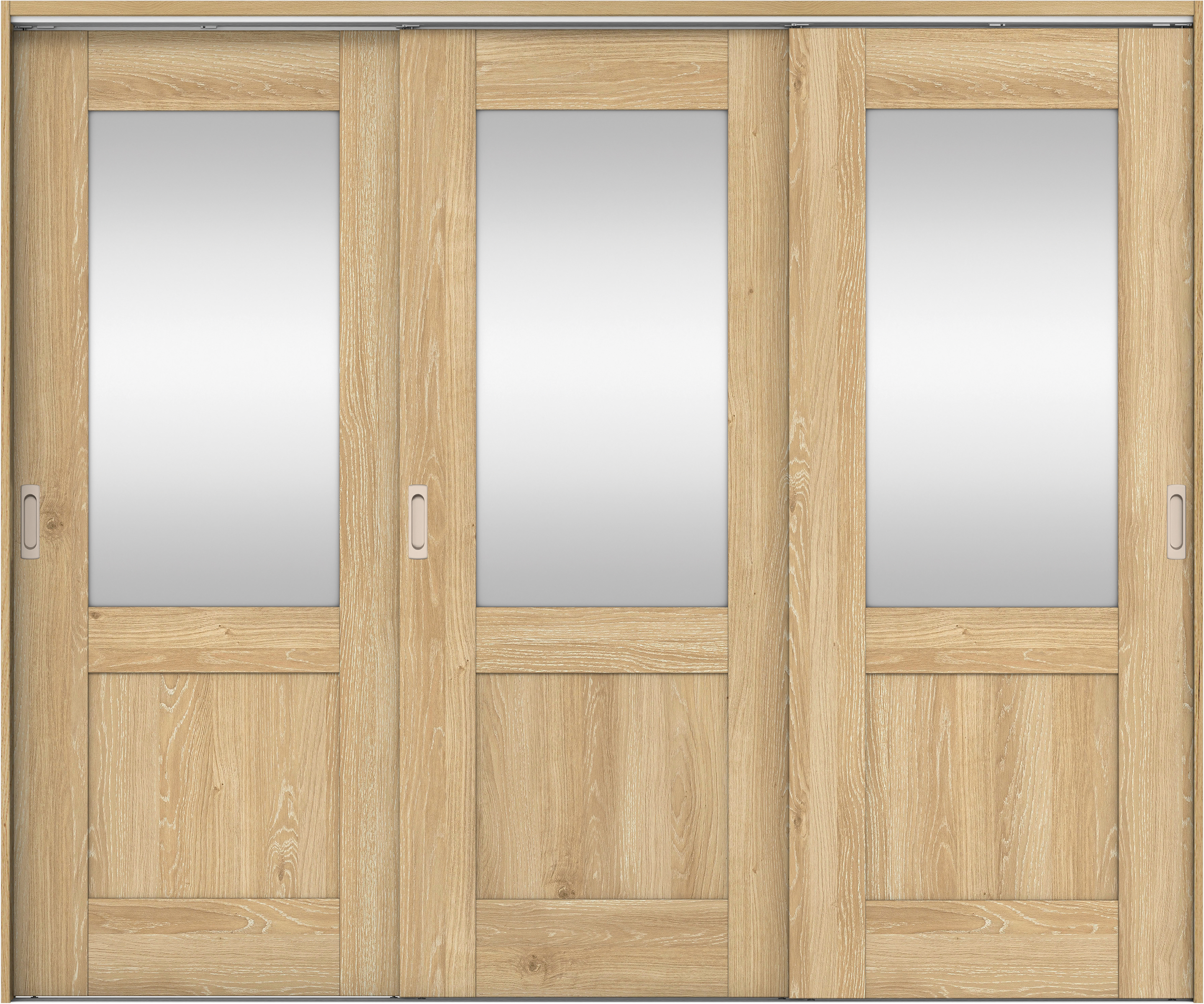 リビングドア　イエリア　吊戸・３枚引違　扉セット　２８デザイン　２４３７幅用　２０００高　〈ミルキーオーカー柄〉　左右兼用　錠なし　ラクラクローズ付用