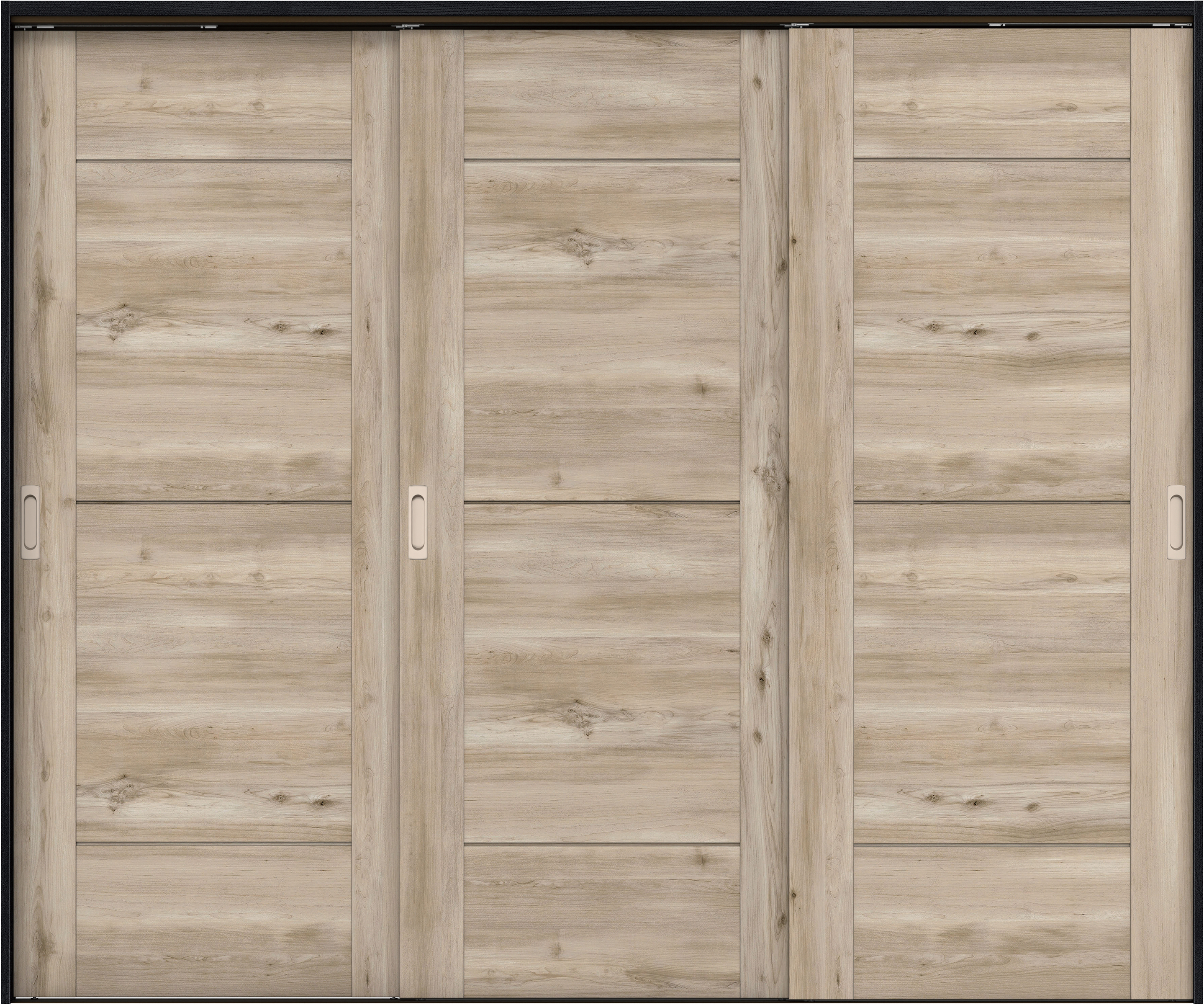 リビングドア　イエリア　吊戸・３枚引違　扉セット　Ｂ９デザイン　２４３７幅用　２０００高　〈スモークグレー柄〉　左右兼用　錠なし　ラクラクローズ付用