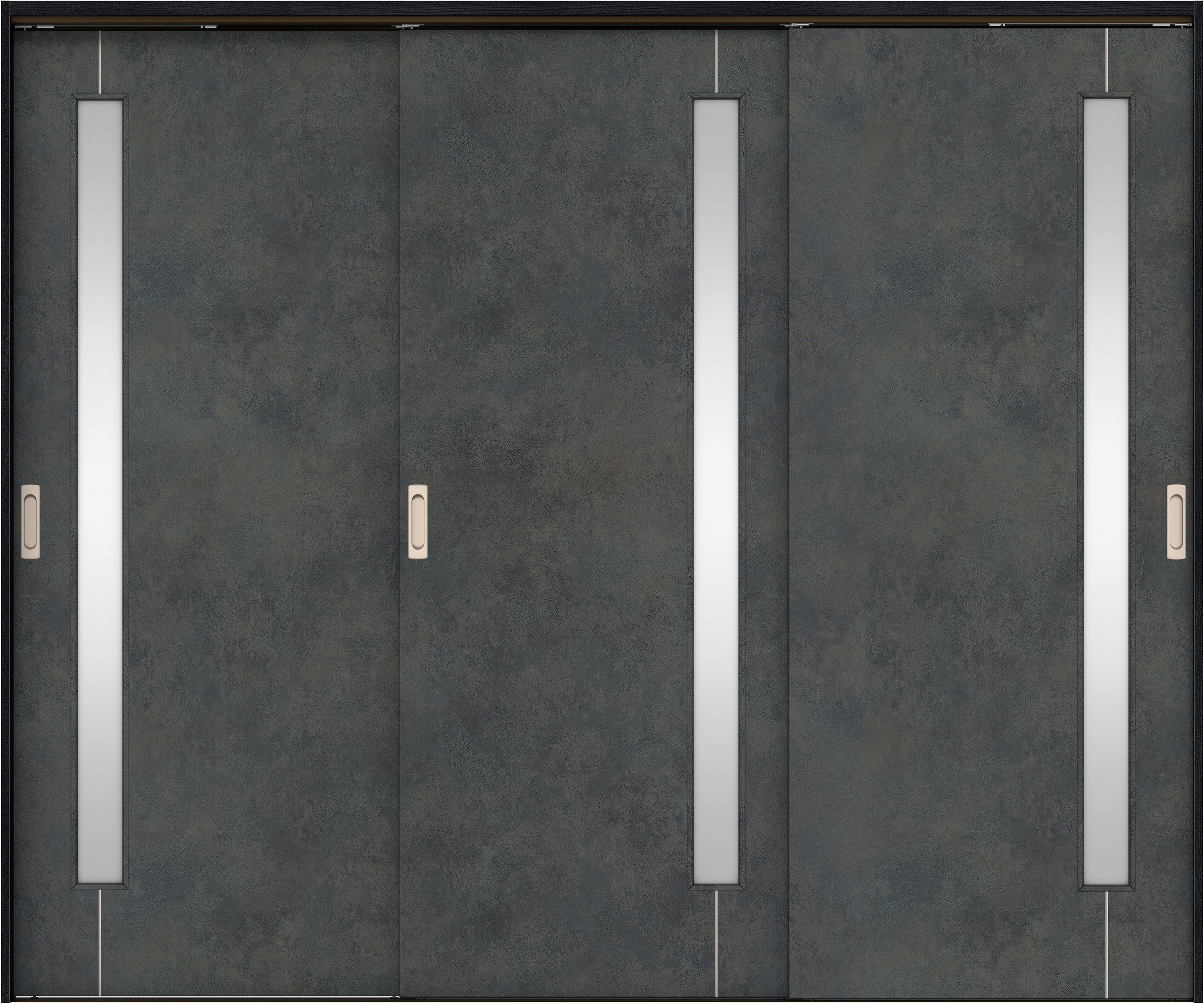 リビングドア　イエリア　吊戸・３枚引違　扉セット　Ｄ４デザイン　２４３７幅用　２０００高　〈アイアンブラック柄〉　左右兼用　錠なし　ラクラクローズ付用