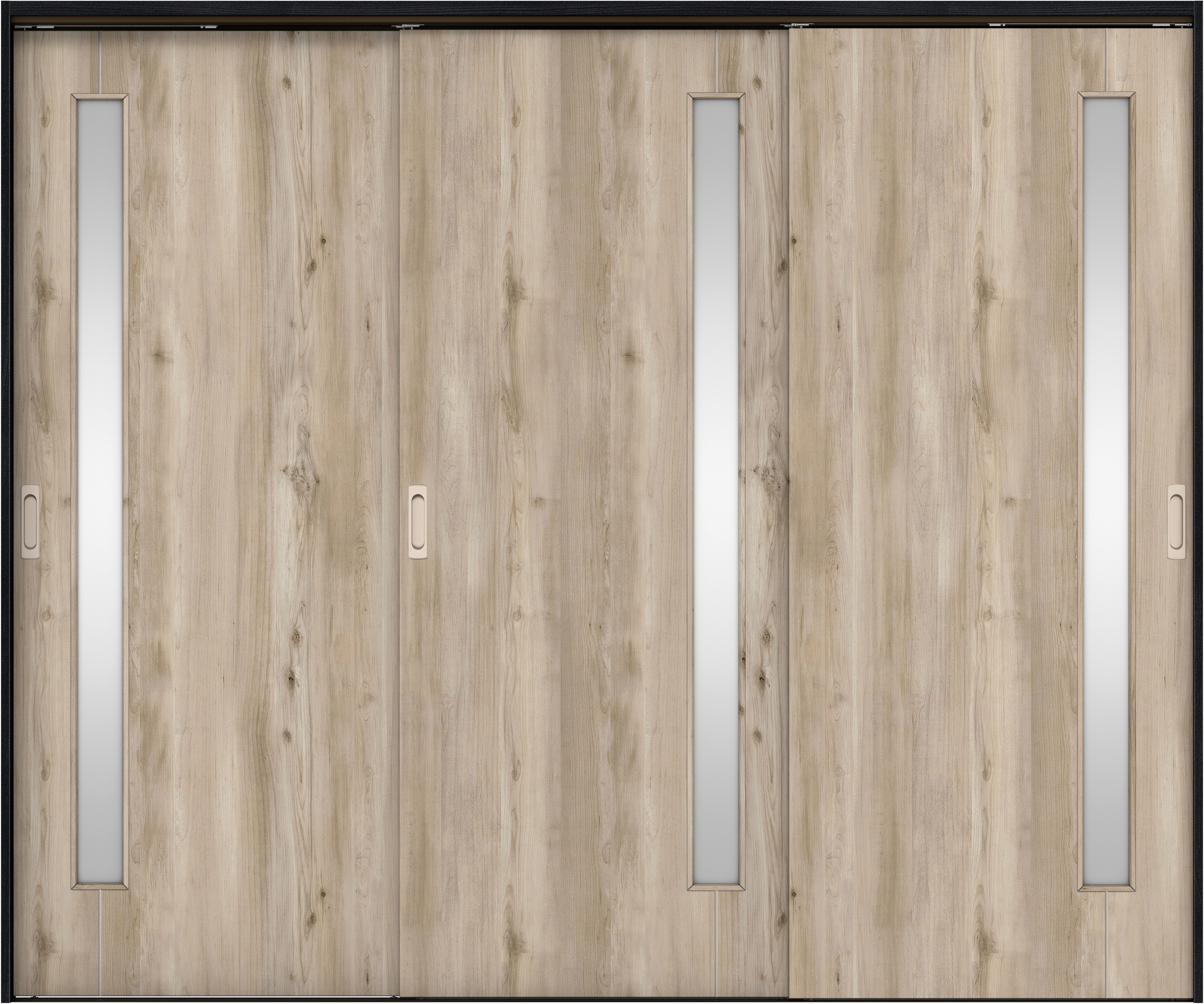 リビングドア　イエリア　吊戸・３枚引違　扉セット　Ｄ４デザイン　２４３７幅用　２０００高　〈スモークグレー柄〉　左右兼用　錠なし　ラクラクローズ付用