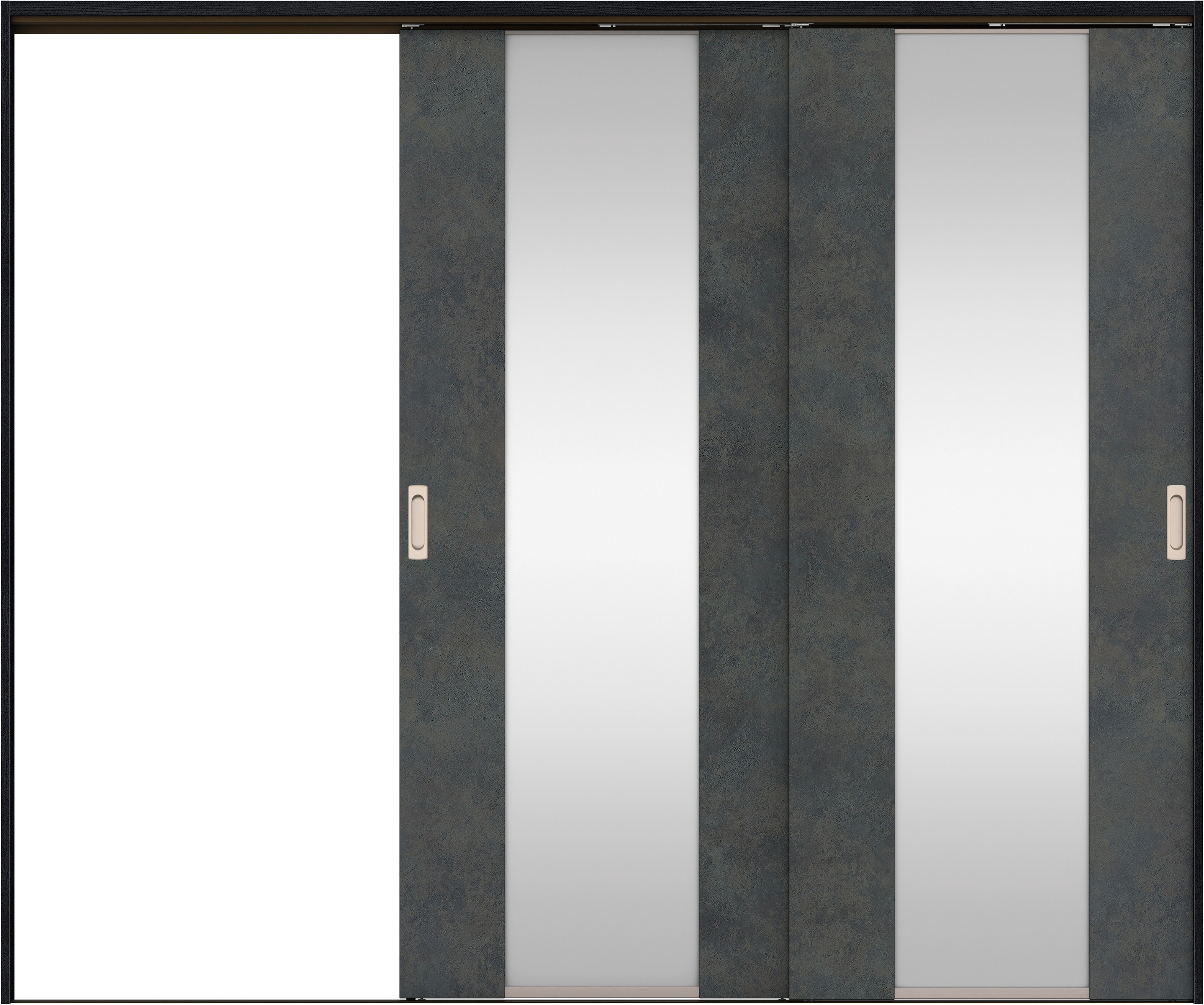 リビングドア　イエリア　吊戸・２枚片引　扉セット　４Ｐデザイン　２４３７幅用　２０００高　〈アイアンブラック柄〉　左引用　錠なし　ラクラクローズ付用