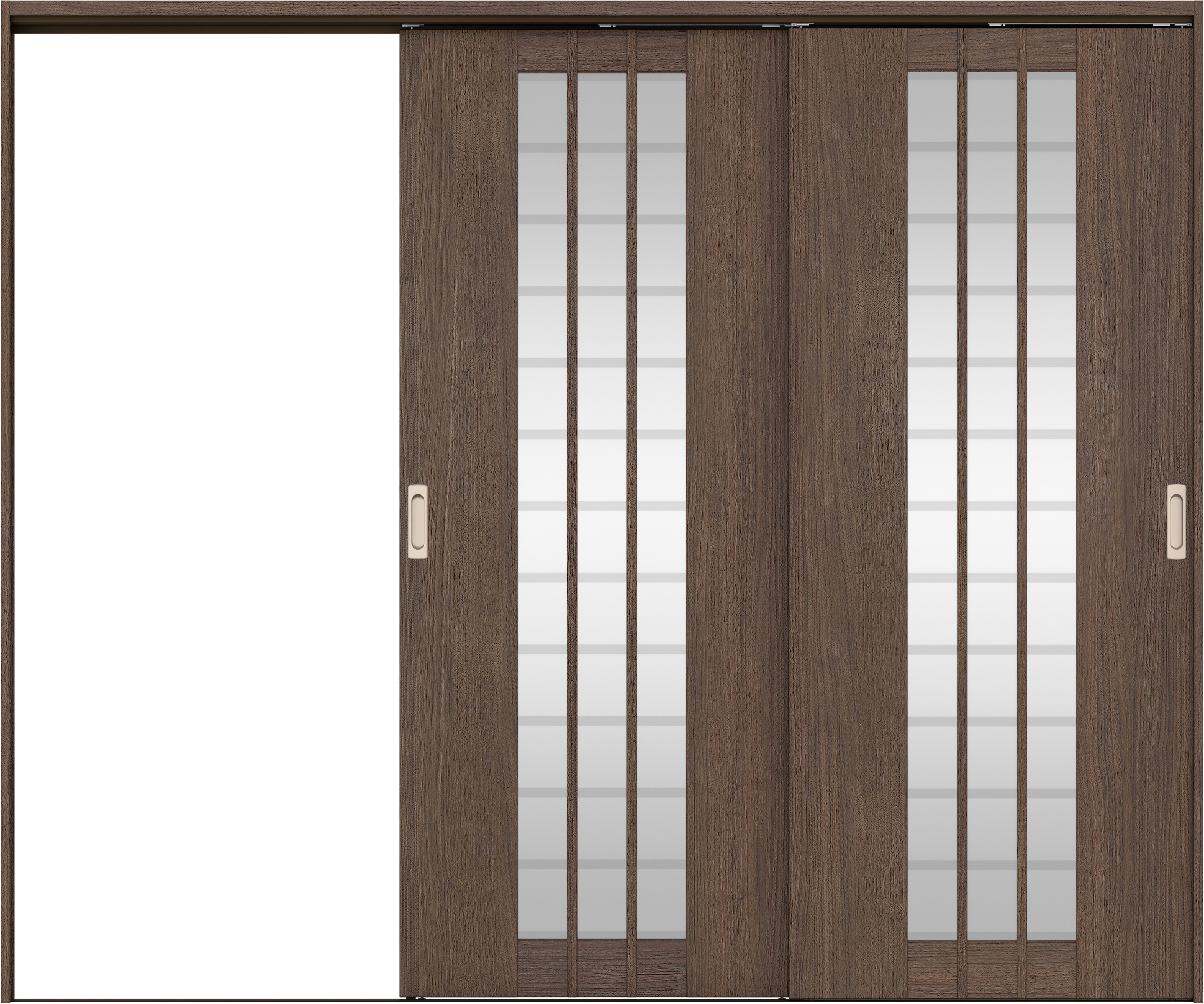 リビングドア　イエリア　吊戸・２枚片引　扉セット　４Ｓデザイン　２４３７幅用　２０００高　〈ダルブラウン柄〉　左引用　錠なし　ラクラクローズ付用