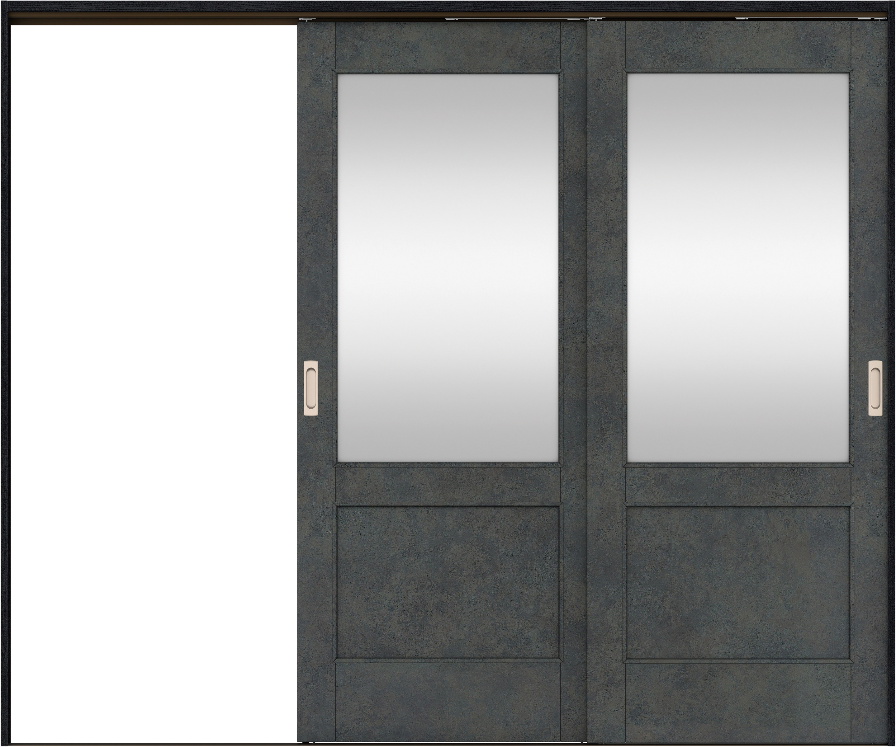 リビングドア　イエリア　吊戸・２枚片引　扉セット　２６デザイン　２４３７幅用　２０００高　〈アイアンブラック柄〉　左引用　錠なし　ラクラクローズ付用