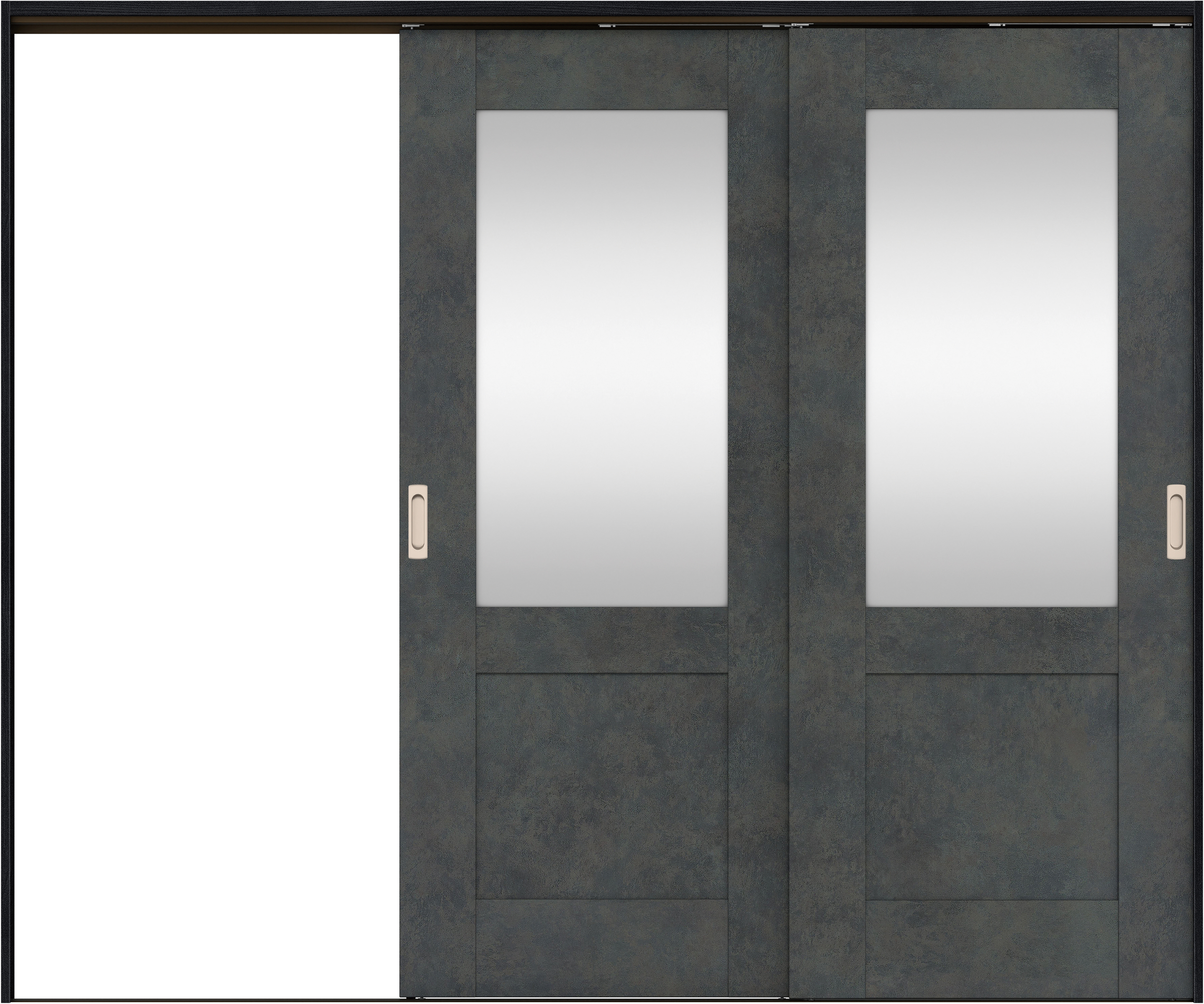 リビングドア　イエリア　吊戸・２枚片引　扉セット　２８デザイン　２４３７幅用　２０００高　〈アイアンブラック柄〉　左引用　錠なし　ラクラクローズ付用