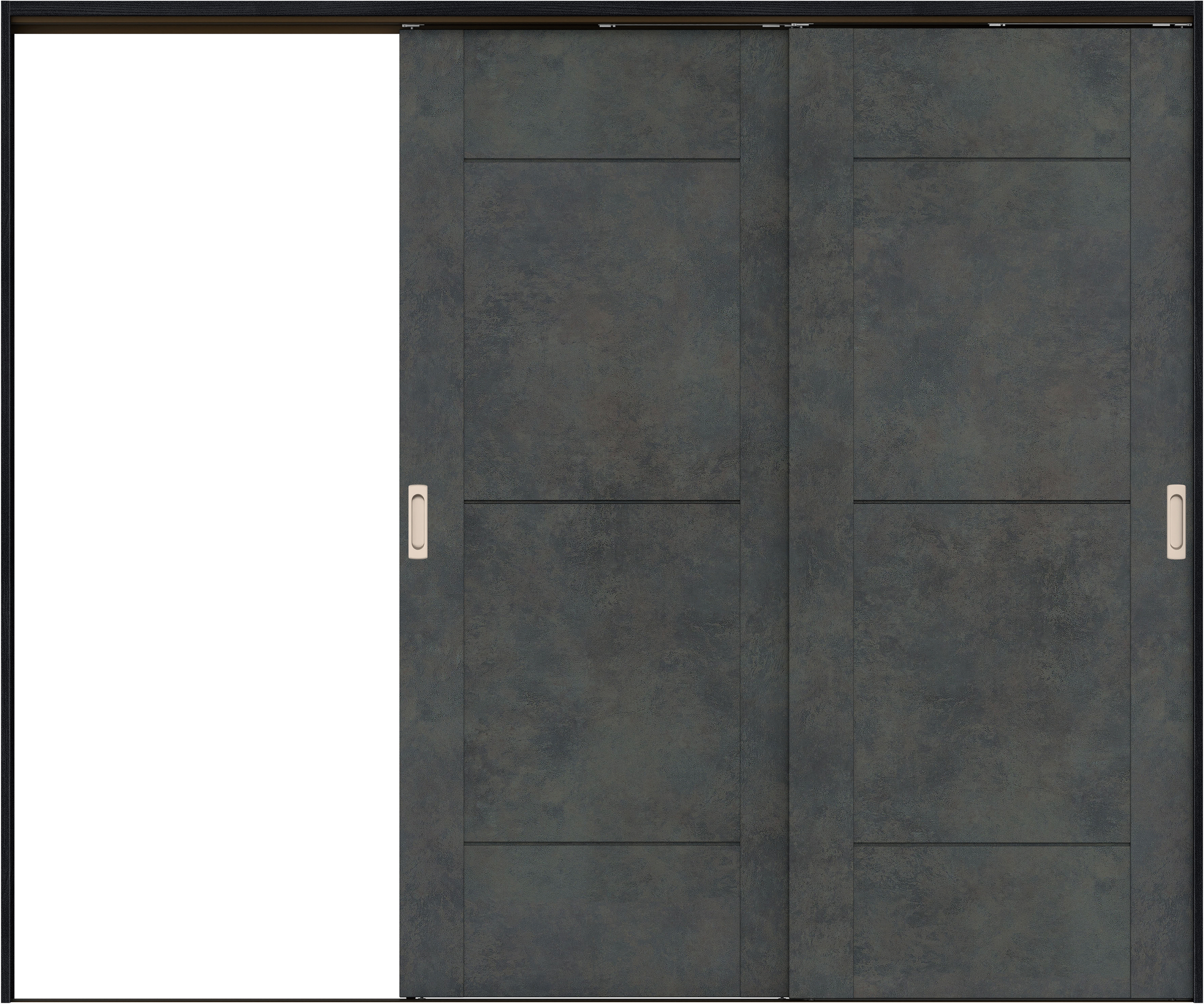 リビングドア　イエリア　吊戸・２枚片引　扉セット　Ｂ９デザイン　２４３７幅用　２０００高　〈アイアンブラック柄〉　左引用　錠なし　ラクラクローズ付用