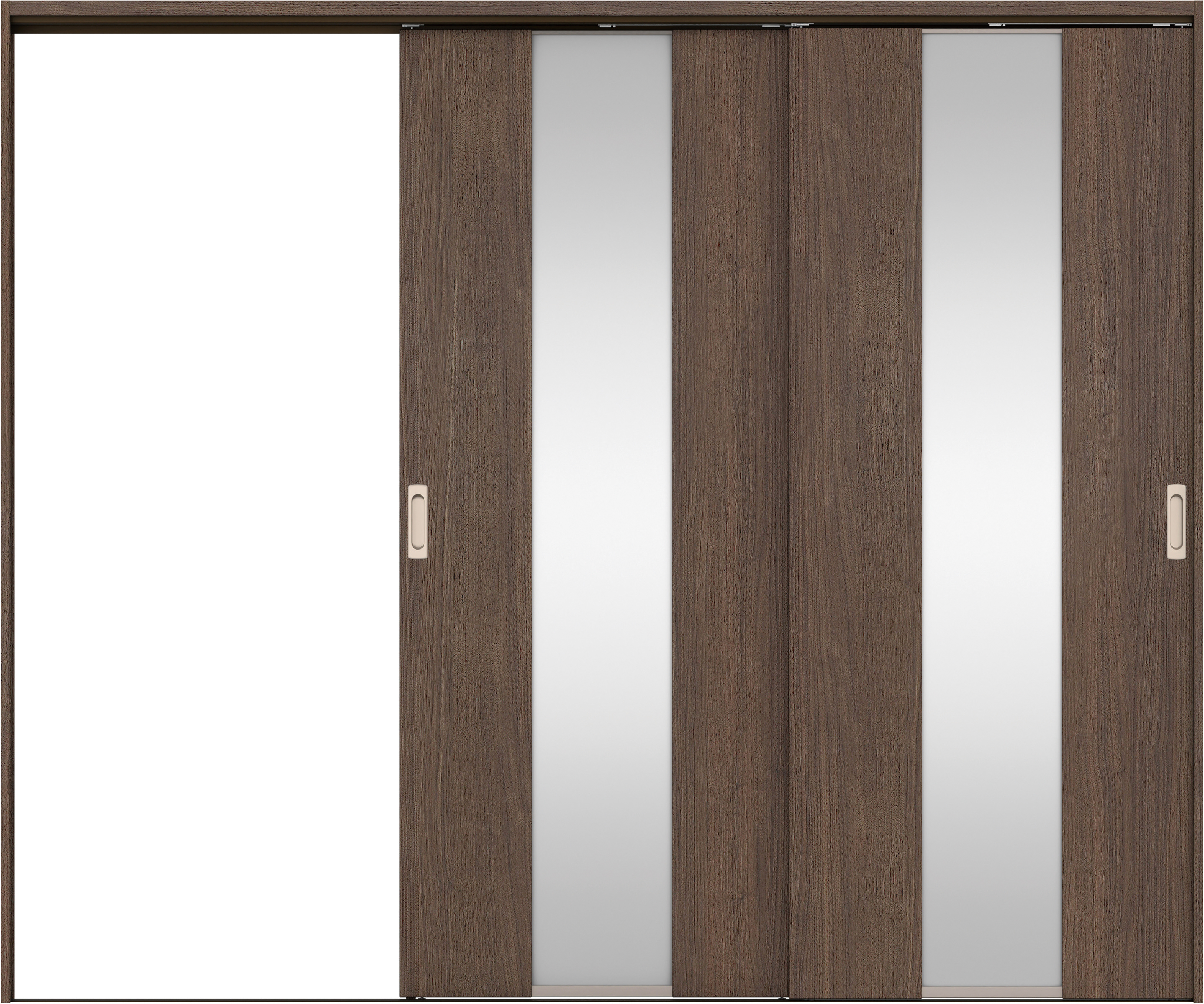 リビングドア　イエリア　吊戸・２枚片引　扉セット　Ｇ５デザイン　２４３７幅用　２０００高　〈ダルブラウン柄〉　左引用　錠なし　ラクラクローズ付用