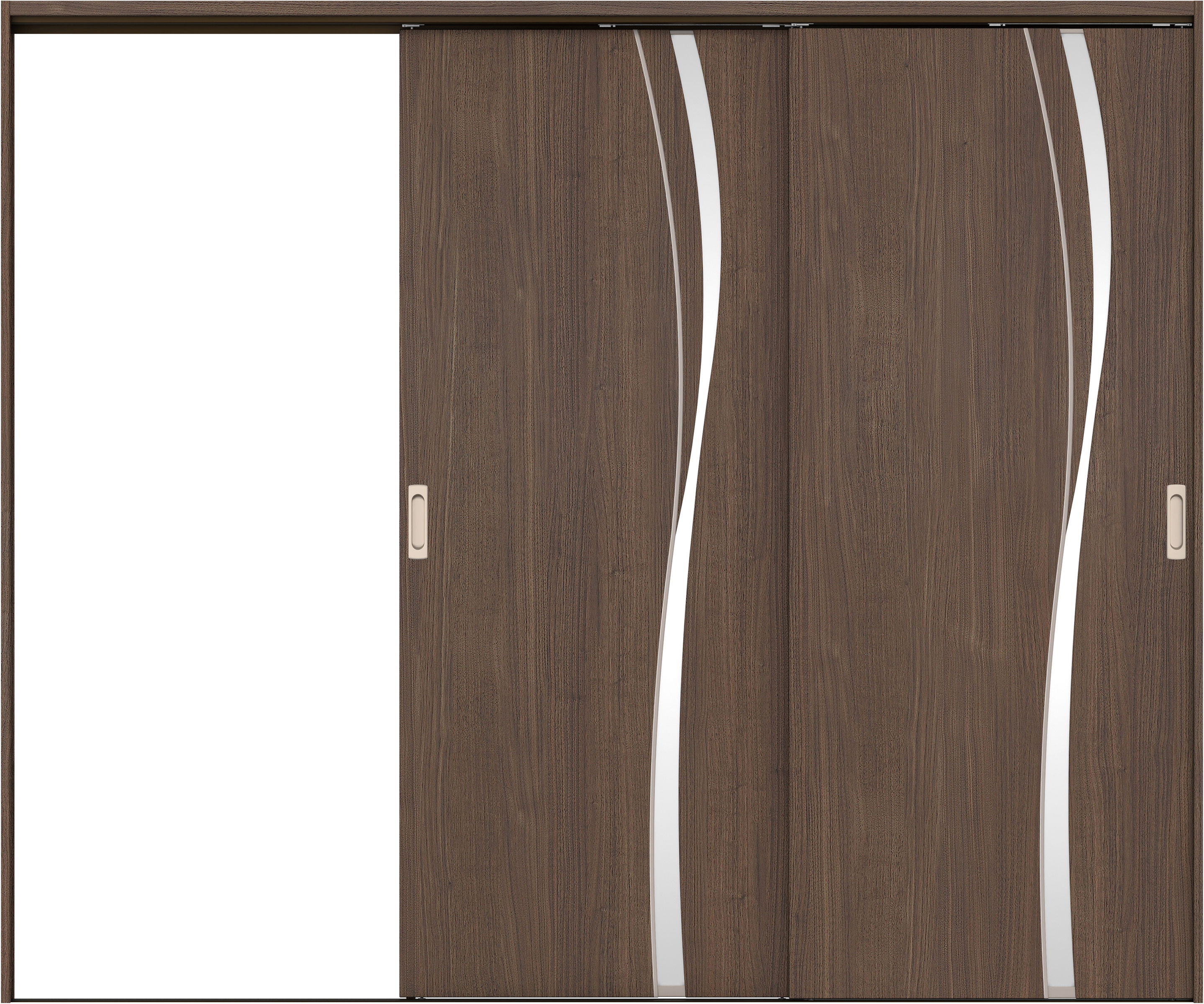 リビングドア　イエリア　吊戸・２枚片引　扉セット　Ｋ７デザイン　２４３７幅用　２０００高　〈ダルブラウン柄〉　左引用　錠なし　ラクラクローズ付用